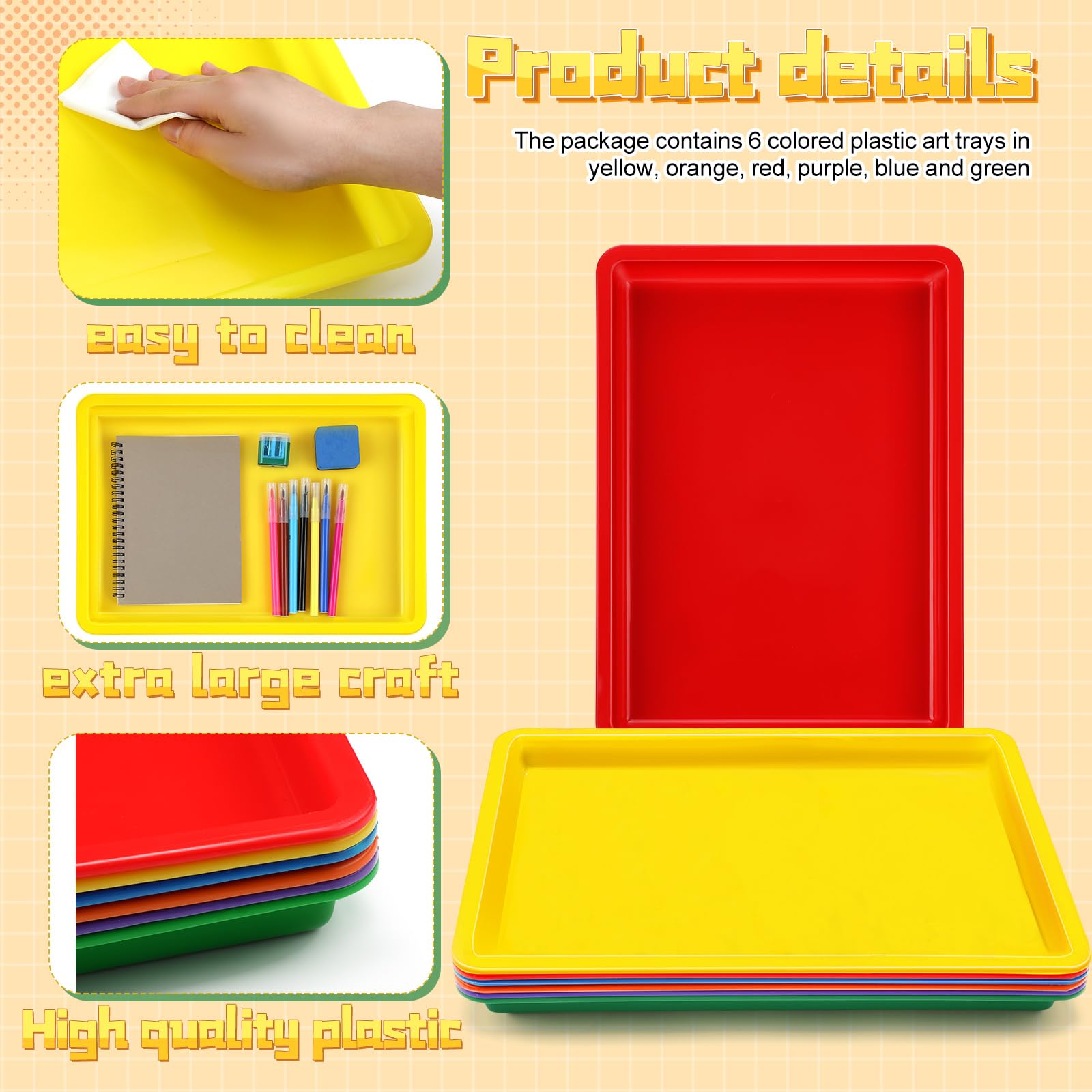 Mifoci 6 Pack Large Plastic Art Trays 16x12x1 Inch, Stackable Kids Activity Craft Trays for Sensory Play, Serving, Organizing, DIY Projects, Jewelry Sorting, Sand Painting - Classroom, Homeschool, Daycare, Party Supplies