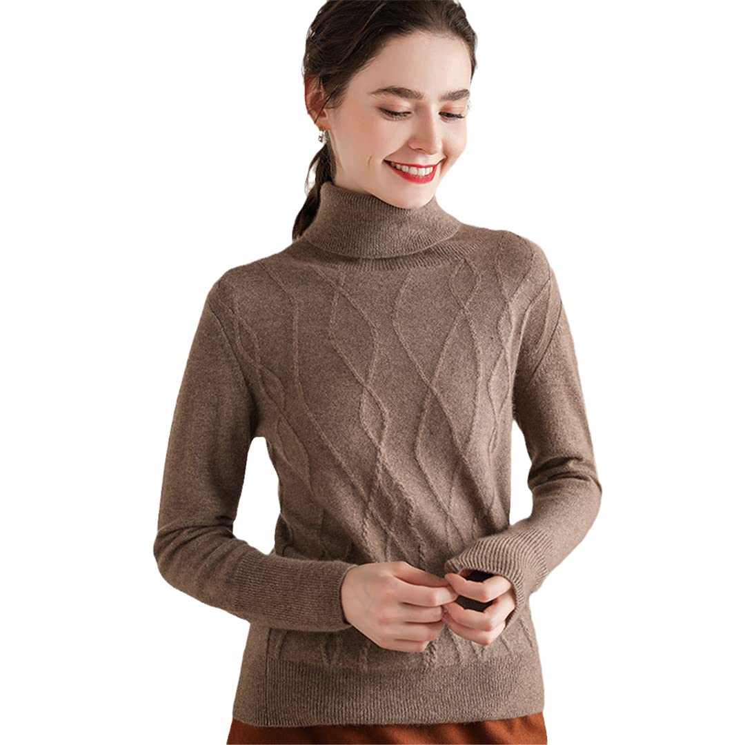 Women's 100% Cashmere Long Sleeve Turtleneck Sweater - Warm Thick Knit Pullover Jumper for Autumn & Winter - Dark Camel Color - Perfect for Office, Travel and Casual Outfits