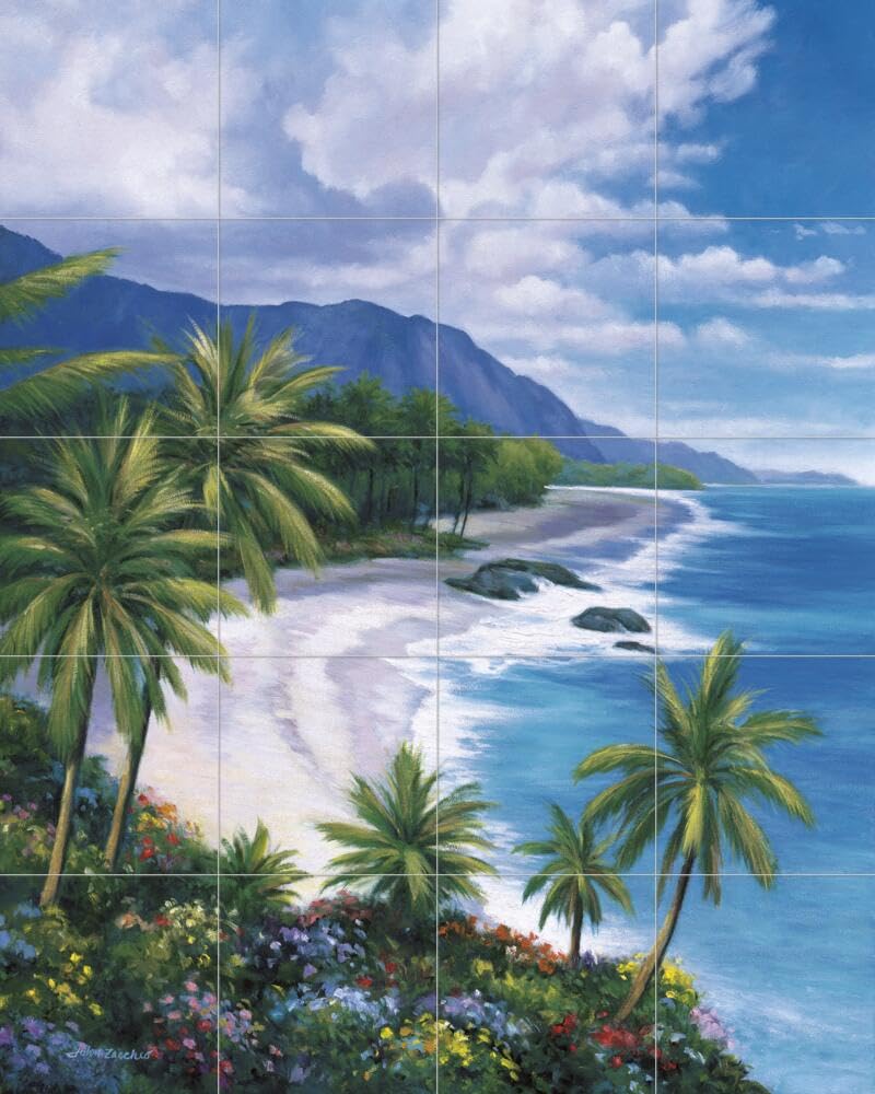 Ceramic Backsplash Tile Mural - Beach Scene with Seaside & Ocean Waves - Waterproof Kitchen Bathroom Shower Wall Decor - Tropical Paradise Design by John Zaccheo | Perfect for Coastal, Nautical & Beach House Themes