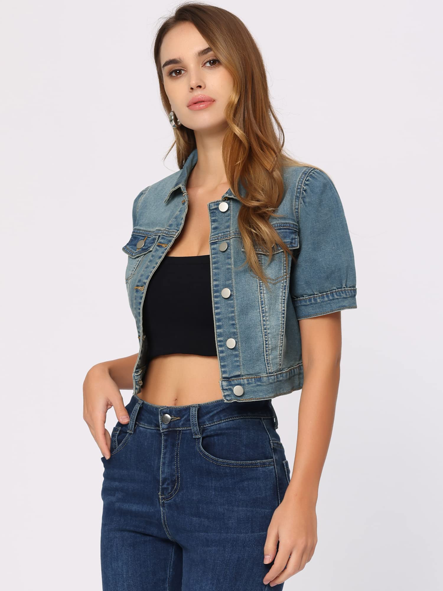 Allegra K Women's Short Sleeve Crop Denim Jacket - Casual Distressed Jean Jacket for Spring & Summer Outfits | Perfect for Brunch, Shopping & Weekend Wear