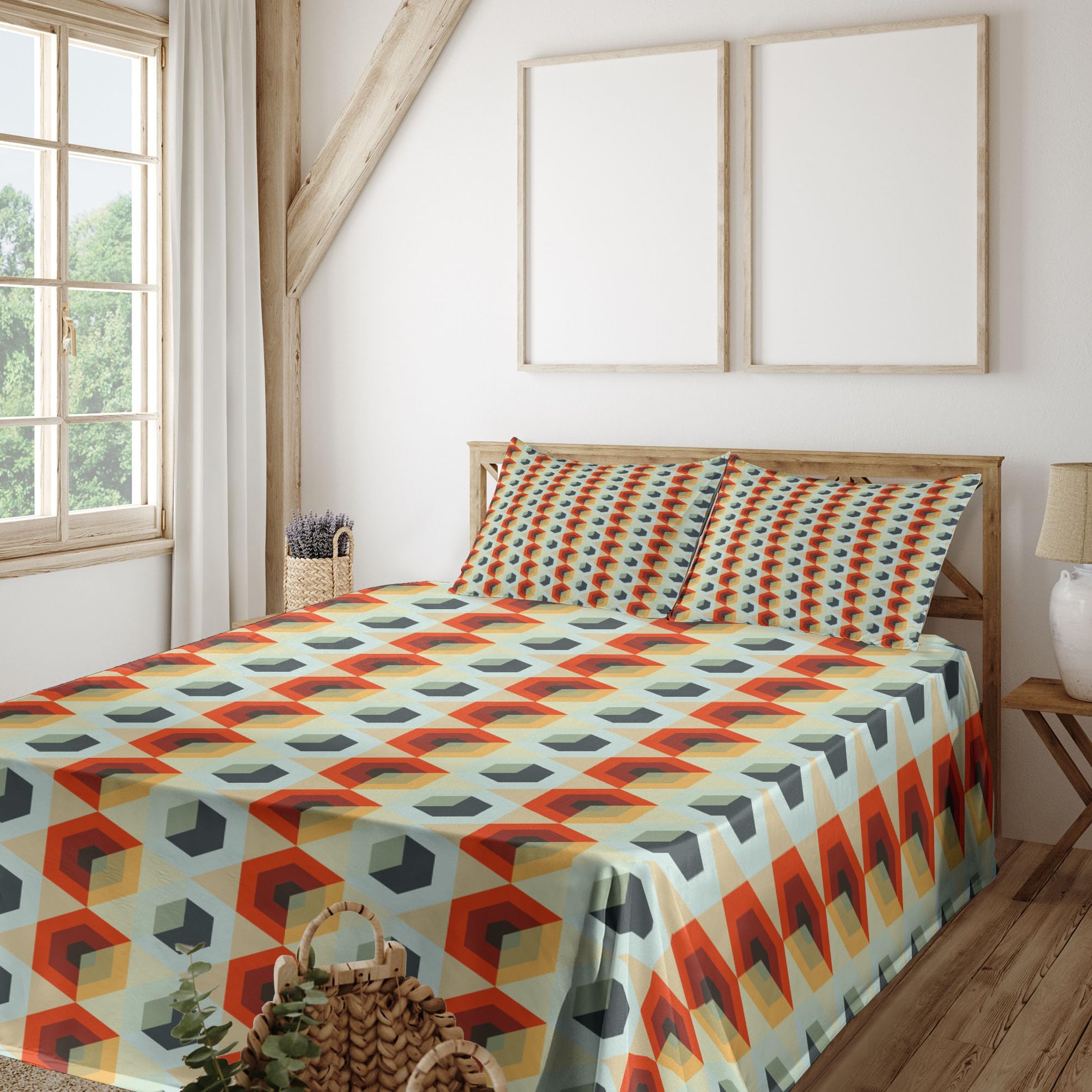 Ambesonne Geometric Bed Sheet Set - Modern Hexagonal Comb & Abstract Rhombus Border Design - 4 Piece Full Size Bedding Set with Fitted Sheet, Flat Sheet & 2 Pillowcases - Dark Blue & Orange - Perfect for Contemporary Bedrooms, Guest Rooms & Dorm Decor