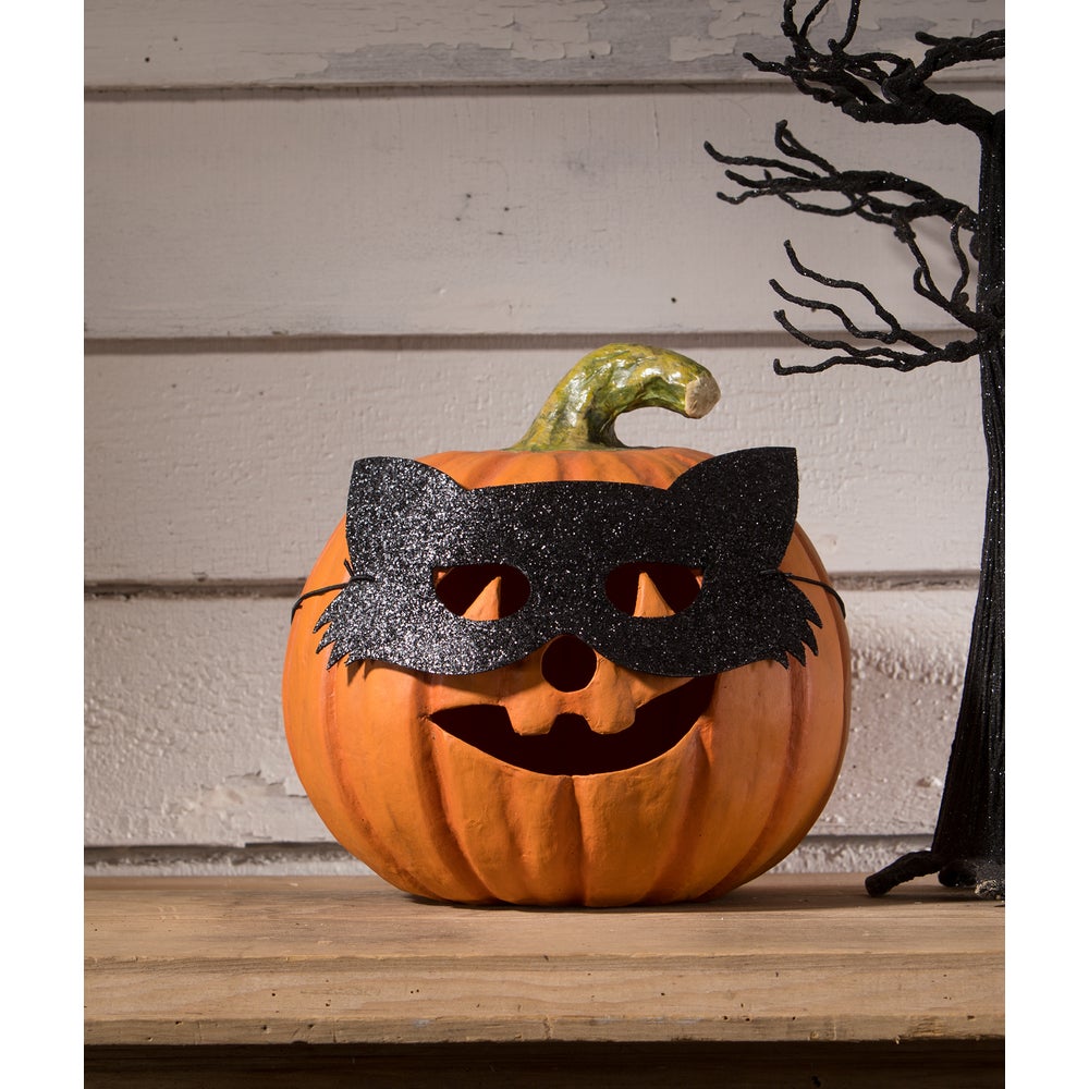 Halloween Cat Masquerade Pumpkin Decor - Handmade by Bethany Lowe Designs - Perfect for Fall Home Decor & Spooky Party Centerpieces