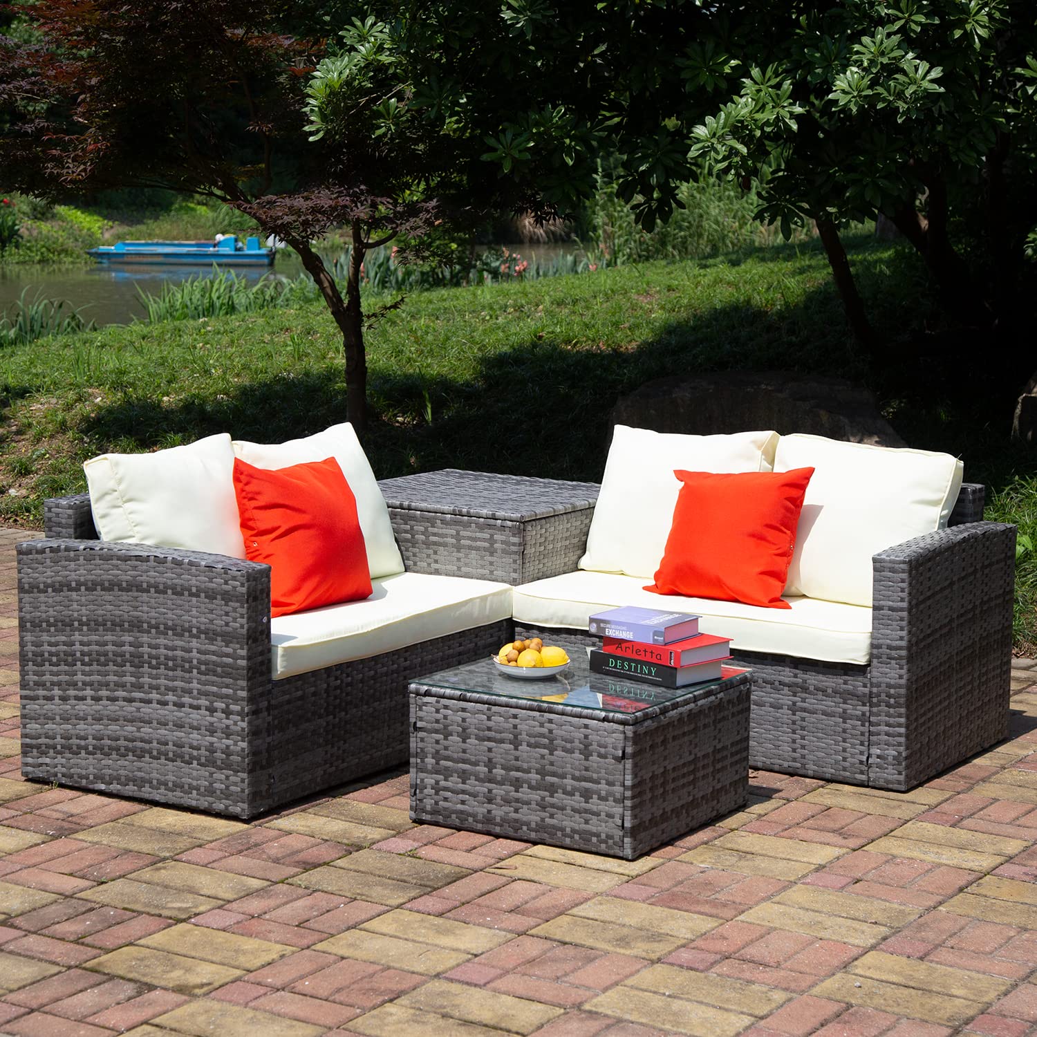 4-Piece White Wicker Rattan Outdoor Patio Furniture Set with Glass Table - Perfect for Garden, Backyard, Poolside, Balcony & Porch Conversations