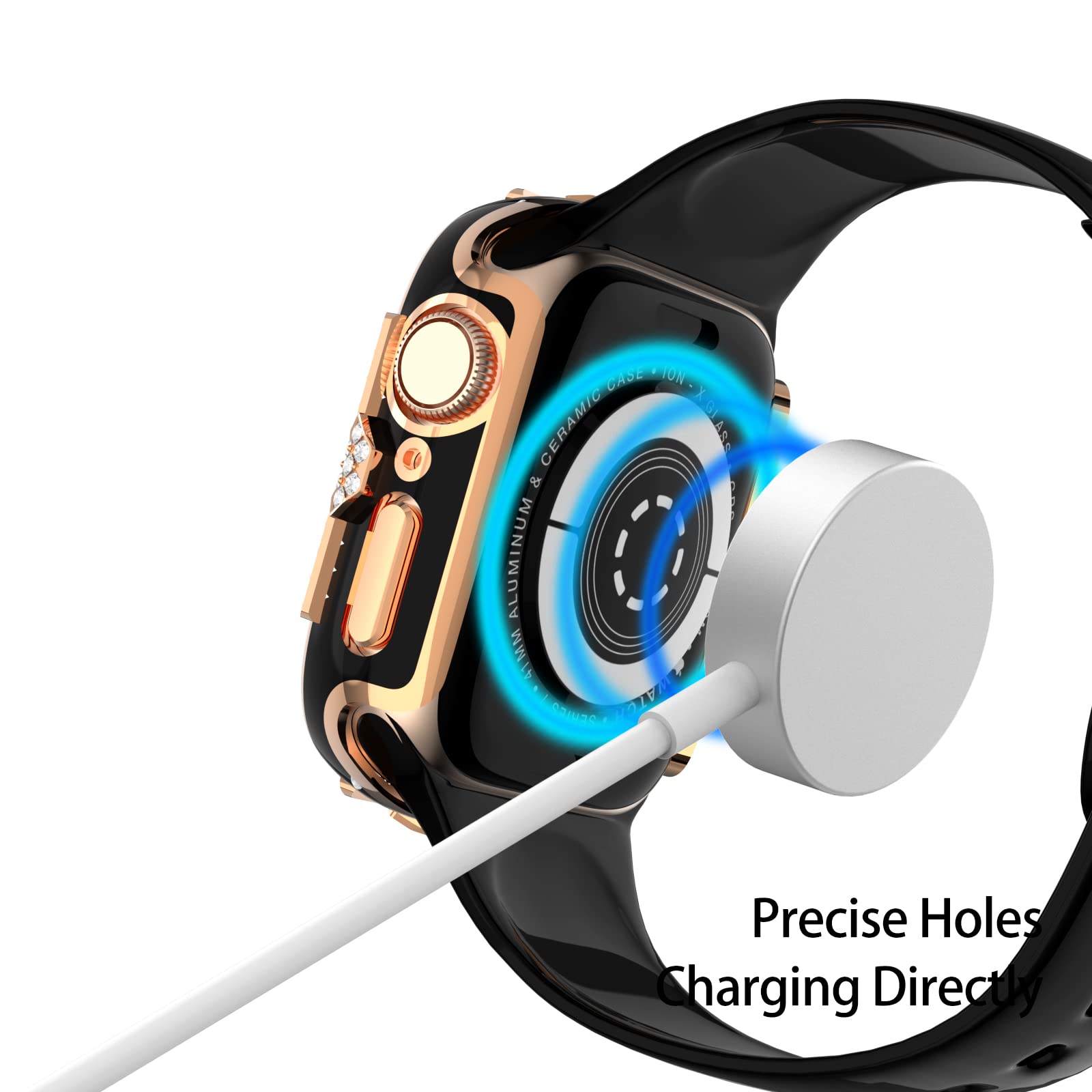 Sparkle Diamond Protective Case for Apple Watch Series 10/9/8/7/6/5/4/SE - 40mm/41mm/42mm/44mm/45mm/46mm Rhinestone Cover with Built-in Screen Protector - Elegant Women's iWatch Accessory (Black-Rose Gold, 44mm) - Perfect for Daily Wear, Workouts & Special Occasions