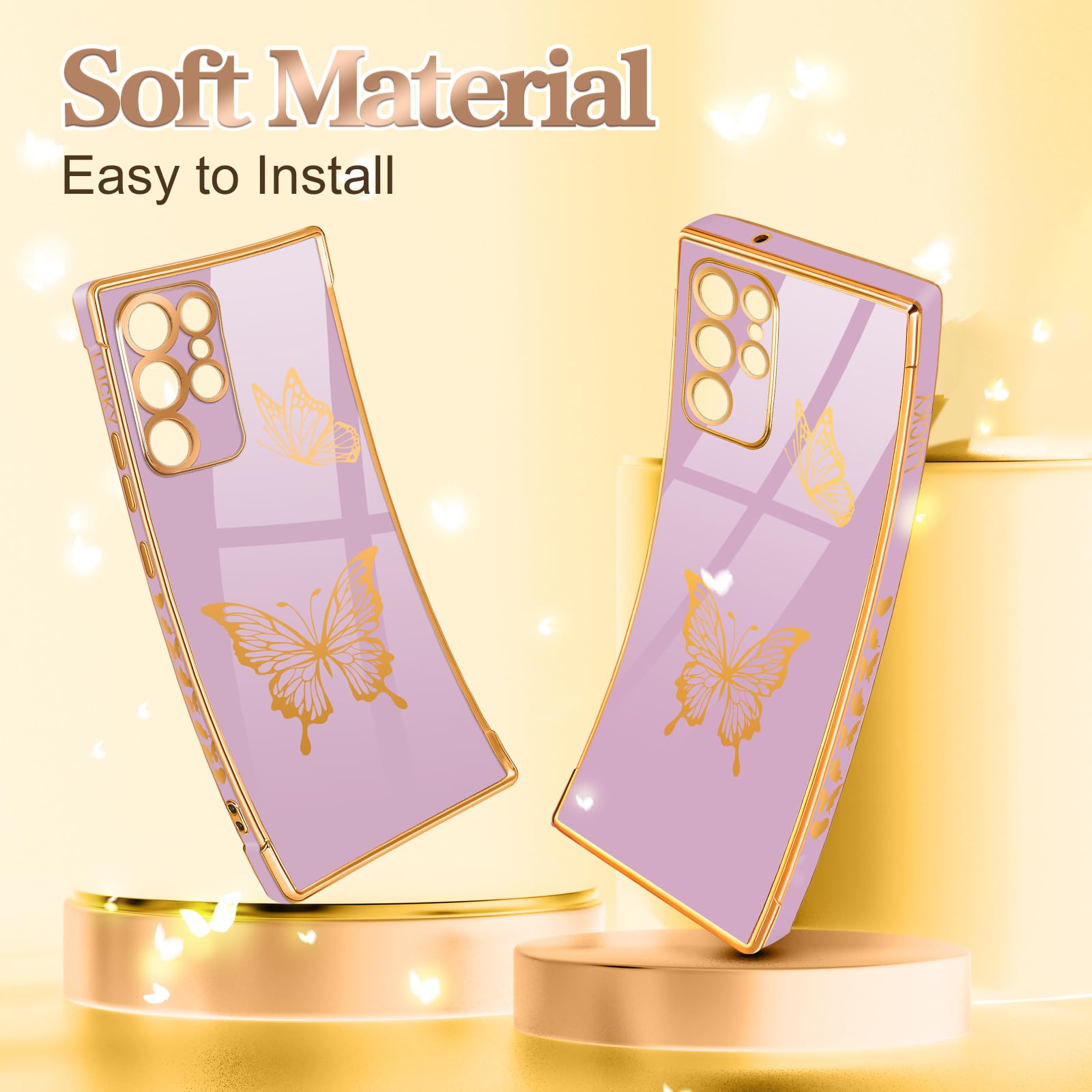 Elegant Purple & Gold Butterfly Samsung Galaxy S23 Ultra Case - Luxury Aesthetic Phone Cover for Women (6.8