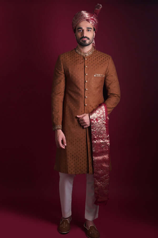 Elegant Bronze & Brown Embroidered Sherwani Set for Men | Traditional Indian Wedding Attire | Perfect for Weddings, Festivals & Special Occasions
