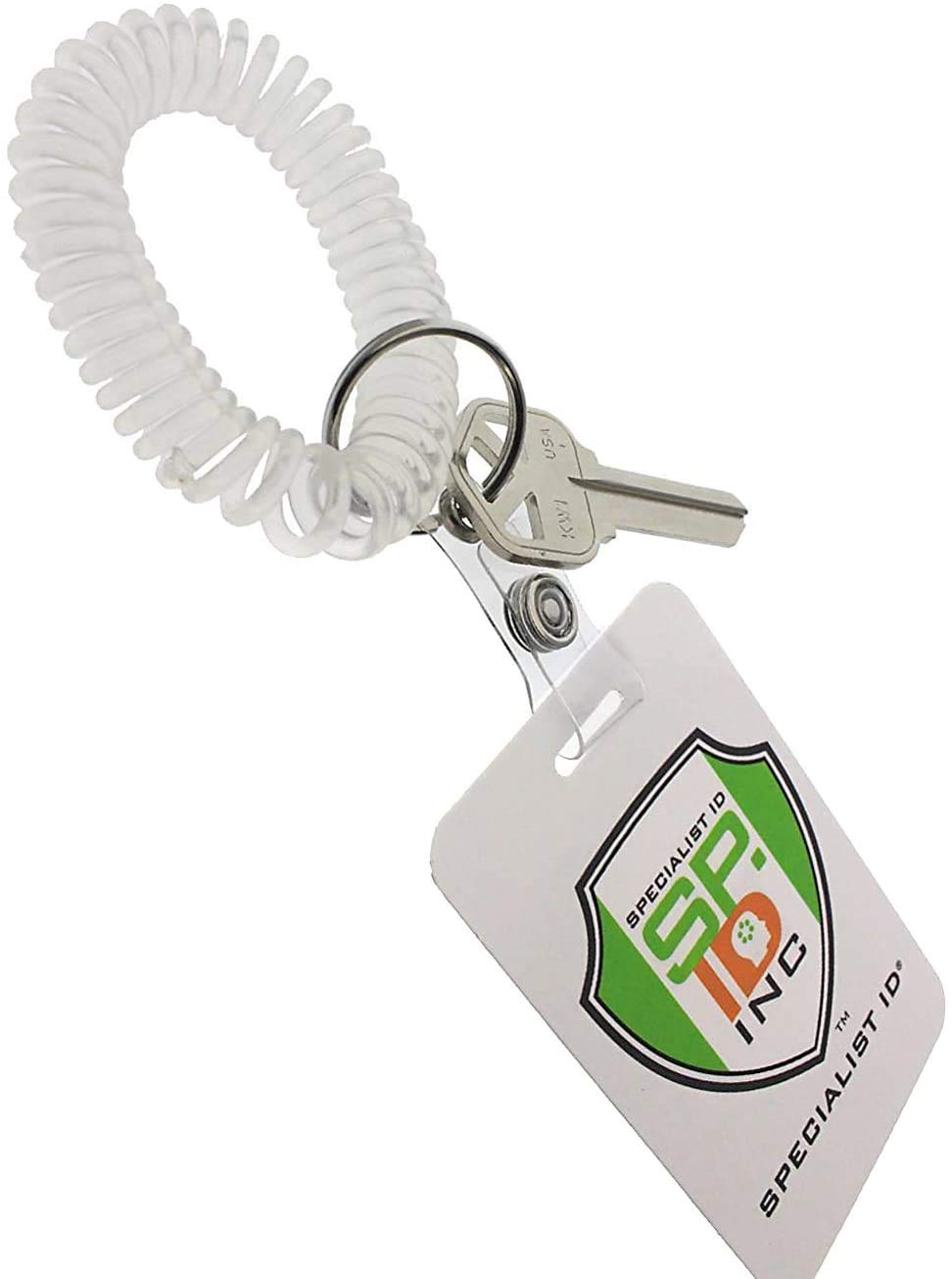 100 Pack Clear Retractable Wrist Coil Keychain & Badge Holder - Spiral ID Bracelet with Key Ring & Clip - One Size Fits All - Perfect for Office, Cruise Cards, Events & Security Badges (Specialist ID Brand)