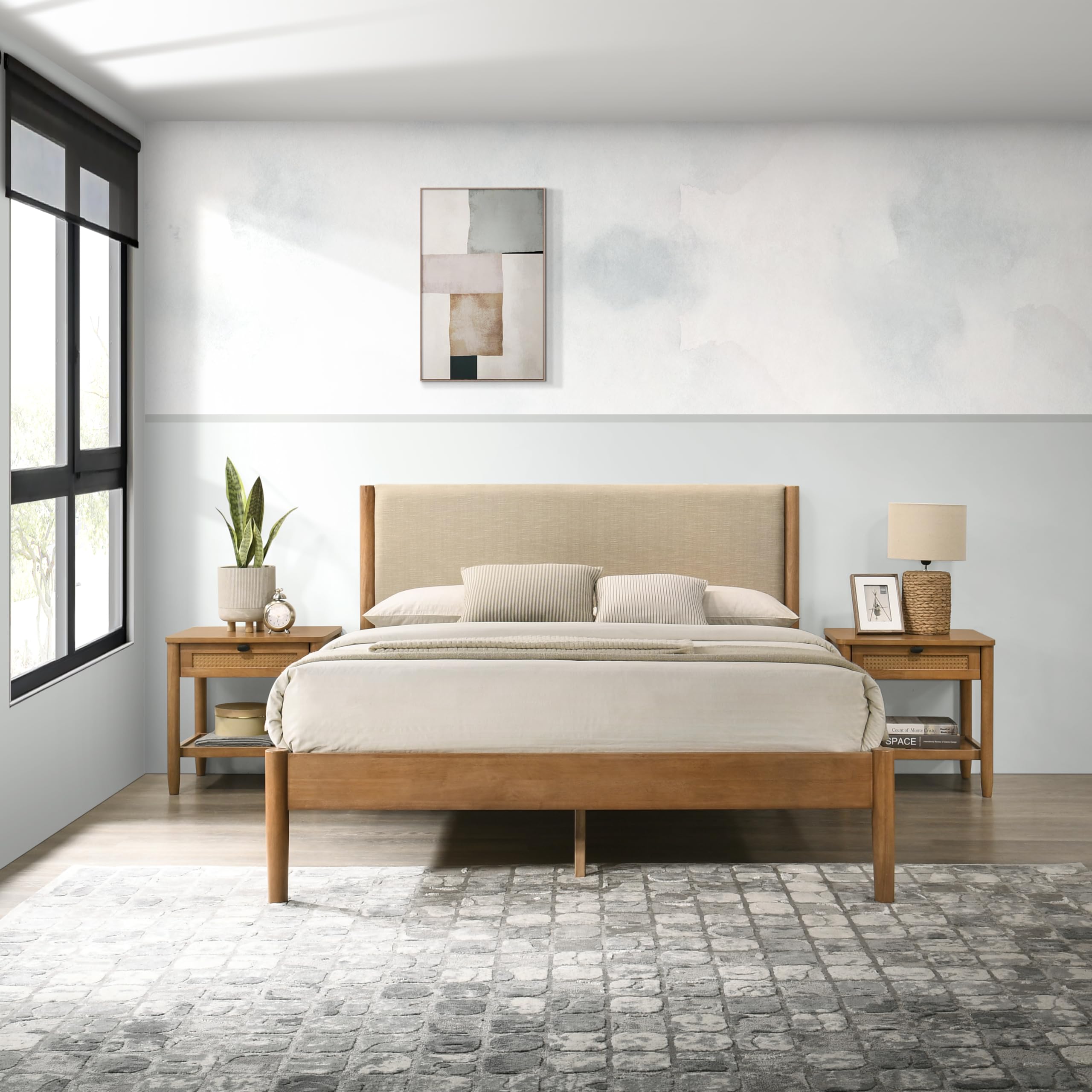 Roundhill Furniture Vichy 3-Piece Rubberwood Bedroom Set - Queen Size Platform Bed with 2 Nightstands, Textured Polyester Upholstery | Modern Bedroom Furniture for Small Spaces & Guest Rooms