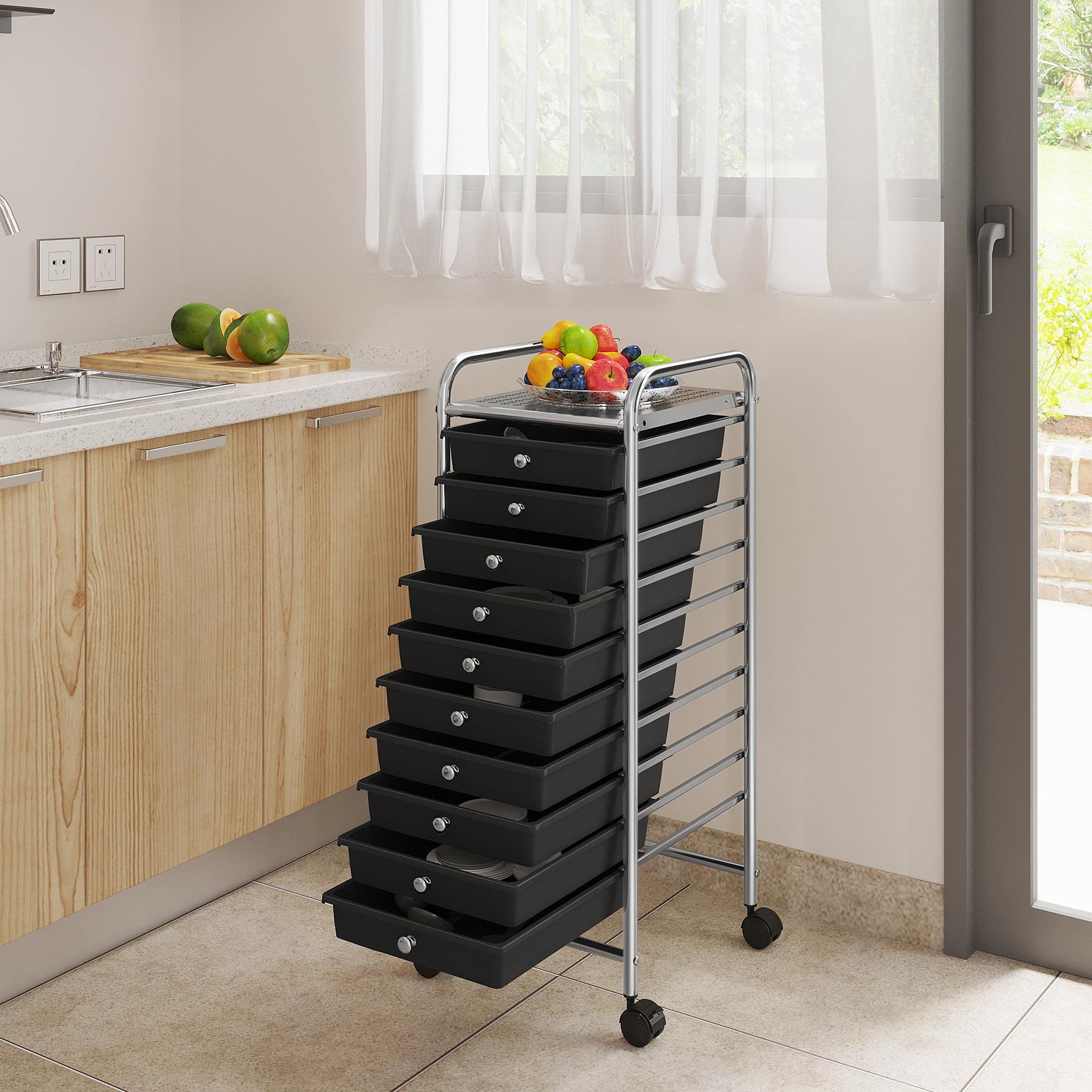 Yaheetech 10-Drawer Rolling Cart Organizer - Black | Art & Craft Storage for Home & Office