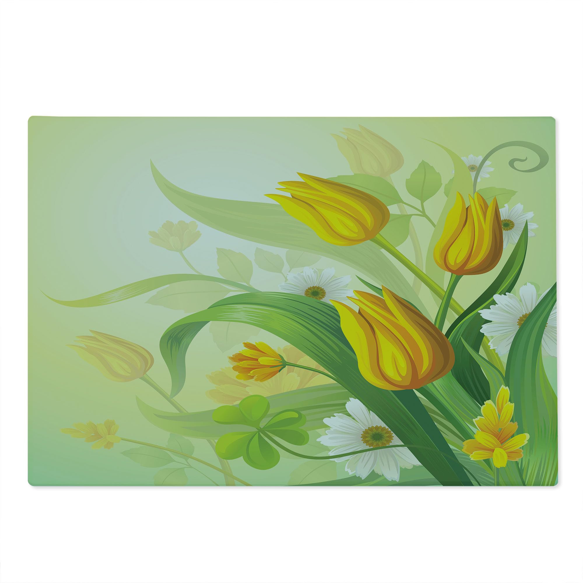 Lunarable Tulip Cutting Board - Tempered Glass Serving Tray with Fresh Spring Tulip & Chamomile Bouquet Design - Large Decorative Kitchen Board for Entertaining, Green & Yellow - Perfect for Cheese Platters, Charcuterie & Party Serving