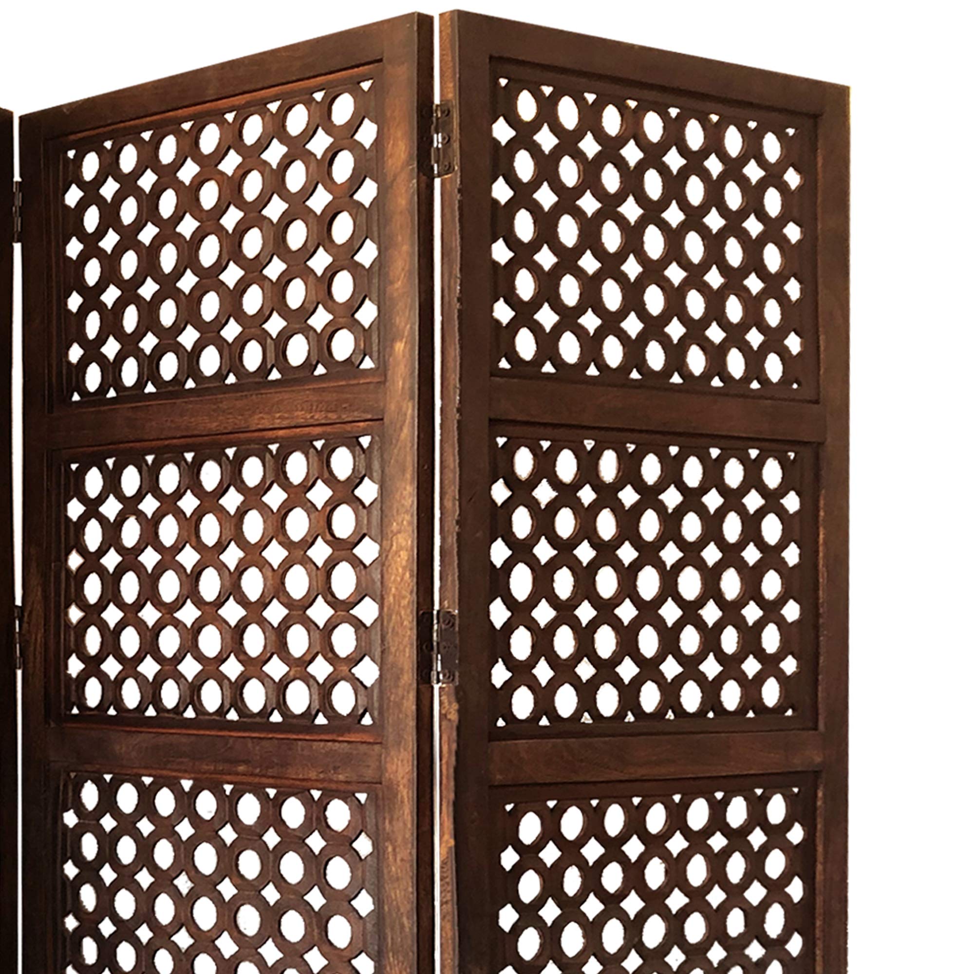 Benjara 4-Panel Mango Wood Room Divider with Circular Cutout Design - Brown Wooden Folding Screen for Living Room, Bedroom, and Office Partition