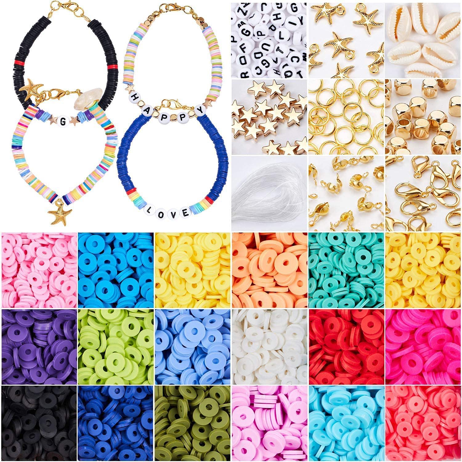 Polymer Clay Beads Kit - 6000 Beads for Bracelet Making, Includes 900 Round Letter & Heart Beads, 120 Star & Gold Square Beads - DIY Jewelry Craft Supplies for Kids Ages 6-12 (Multicolor) - Perfect for Birthday Gifts, Party Favors & Creative Arts Projects