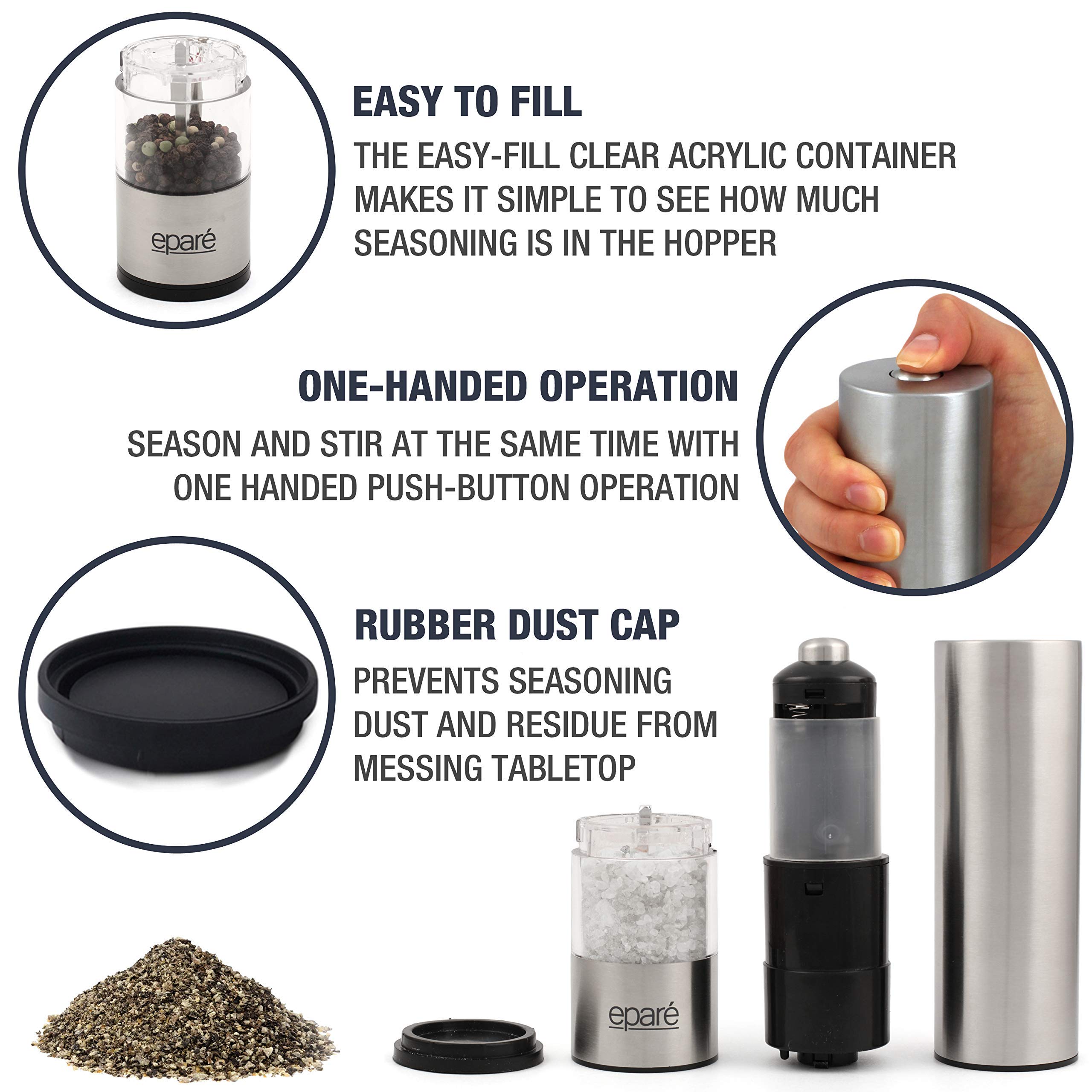 Premium Electric Salt & Pepper Grinder Set with Steel Egg Cracker - Battery Powered Ceramic Burr Mill & Complete Soft Boiled Egg Tool Kit for Kitchen, Dining & Gourmet Cooking