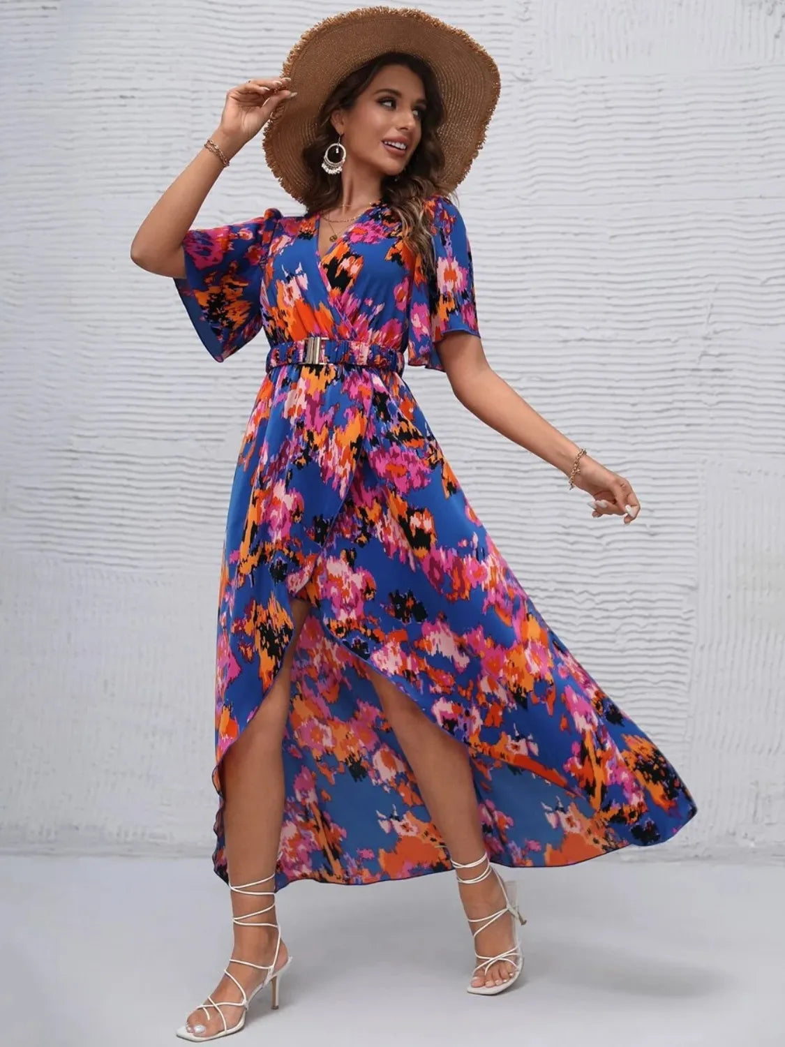 Floral Short Sleeve Vacation Maxi Dress - Women's Summer Boho Beach Dress for Tropical Getaways, Pool Parties & Outdoor Weddings