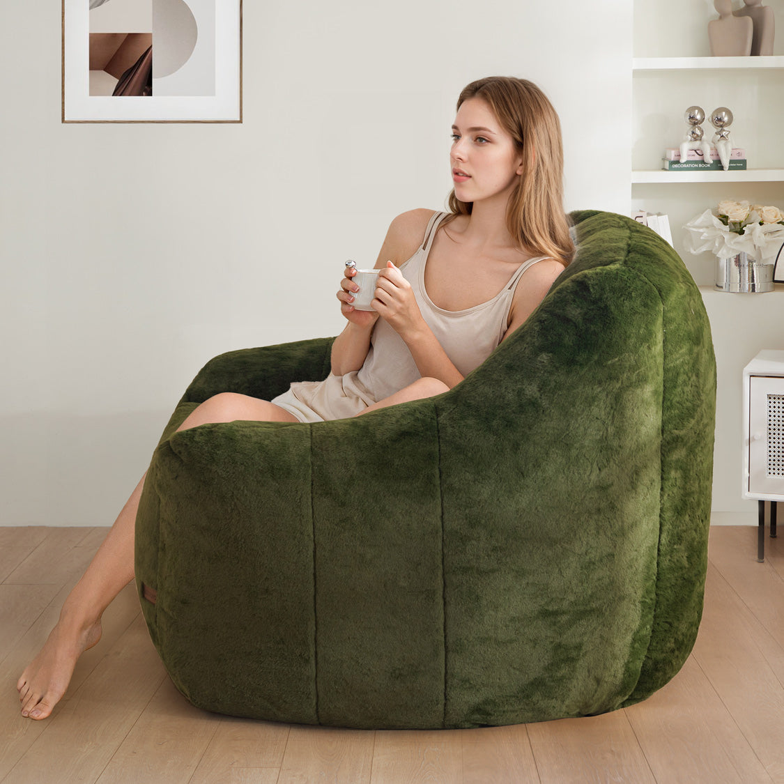 MAXYOYO Faux Fur Oversized Bean Bag Chair with High Backrest - Green Comfortable Lounge Chair for Living Room, Bedroom & Game Room Relaxation