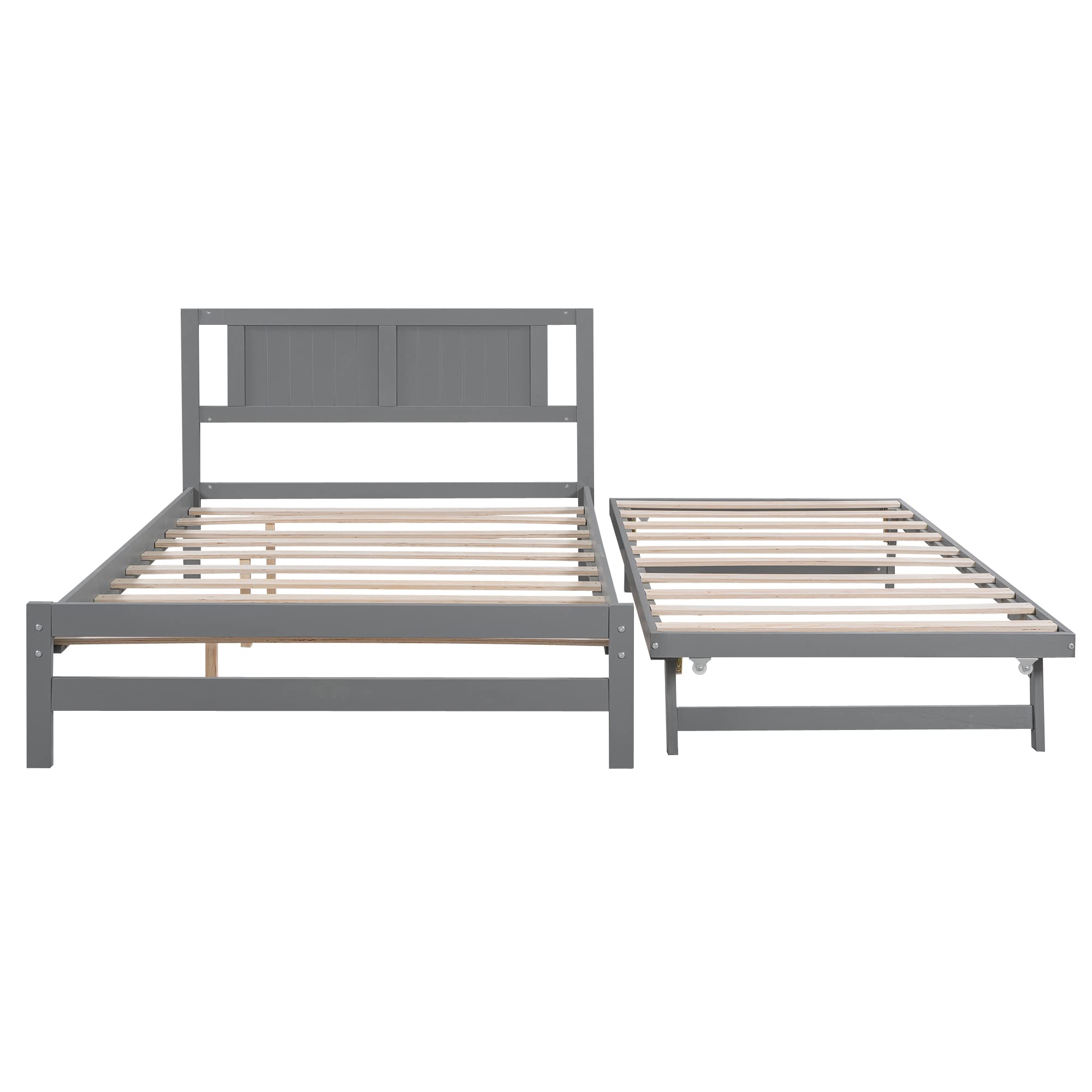 Harper & Bright Designs Full Size Convertible Platform Bed with Headboard & Trundle - Grey Kids Teen Bedroom Furniture for Small Spaces & Sleepovers