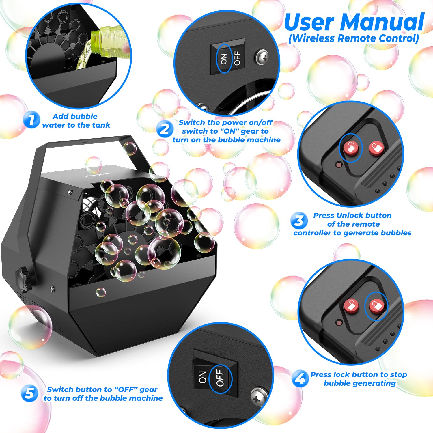 Wireless Remote Control Bubble Machine for Kids - 1000+ Bubbles Per Minute with LED Lights & Smoke Effects | 12 Color Options, 2500CFM Fog Output & Strobe Light | Perfect for Birthday Parties, Outdoor Events & Kids Playtime