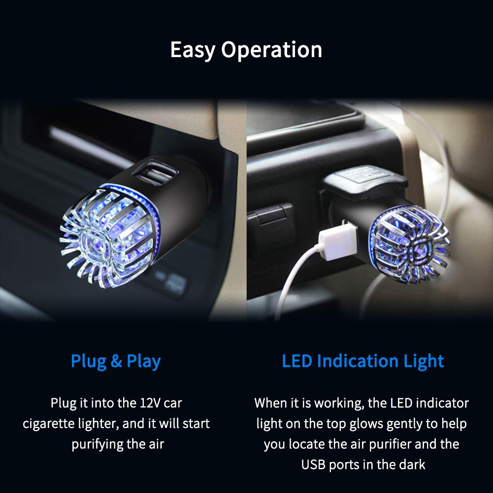 4WDKING Car Air Purifier Ionizer with Dual USB Charger - 12V Plug-in Air Freshener Eliminates Smoke, Pet & Food Odors - Ionic Ozone Technology (Black) | Perfect for Cars, Trucks & RVs to Keep Air Fresh & Clean
