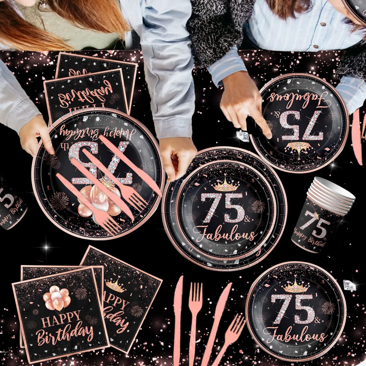 142Pcs Rose Gold 75th Birthday Party Tableware Set - Disposable Tablecloth, Plates, Napkins, Cups, Forks & Knives for Women's 75 Years Old Celebration - Perfect for Themed Birthday Decorations & Party Supplies