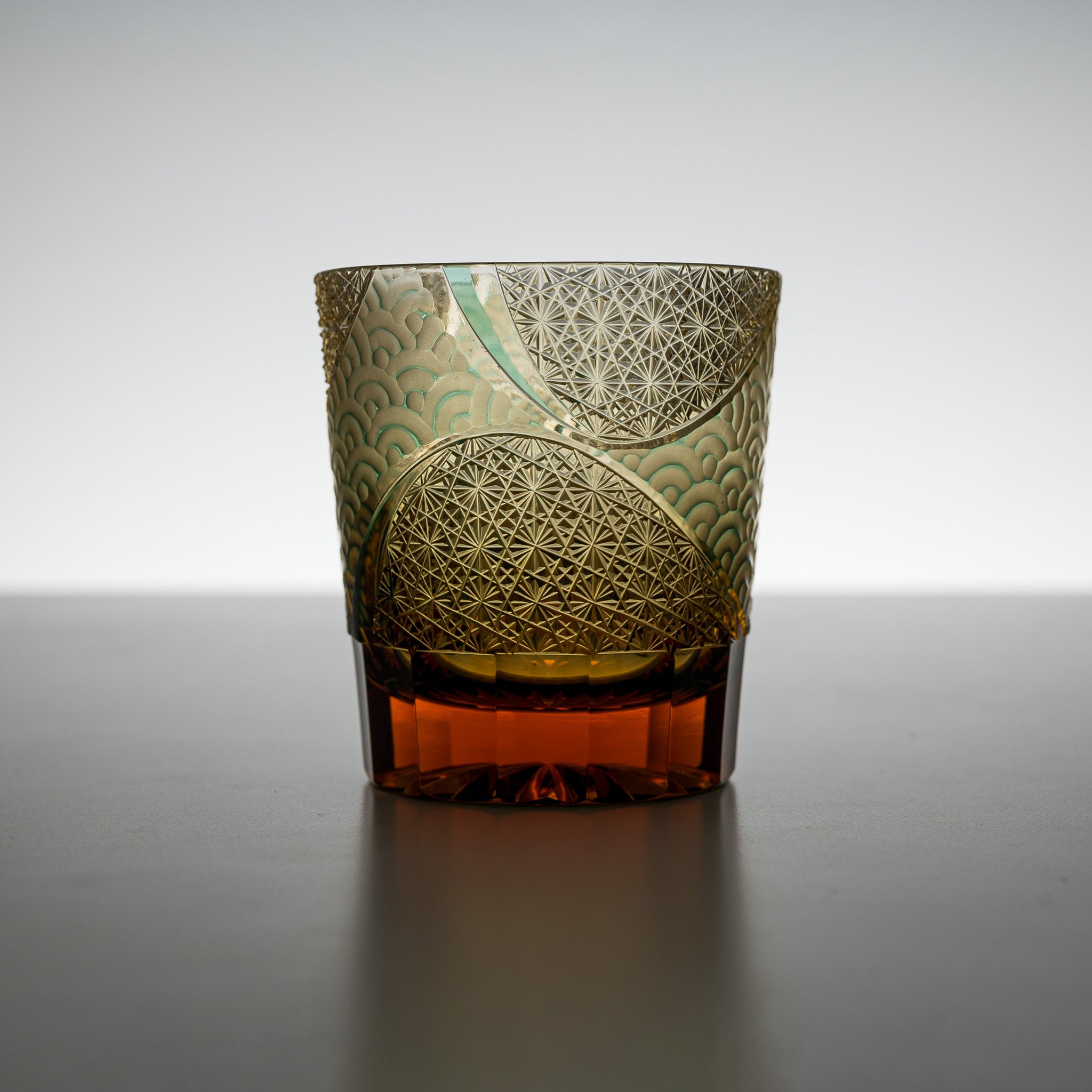 Yamada Crystal Glass Rock Glass - Wave Design in Amber Green - Perfect for Whiskey, Bourbon, and Cocktail Drinking at Home or Bar