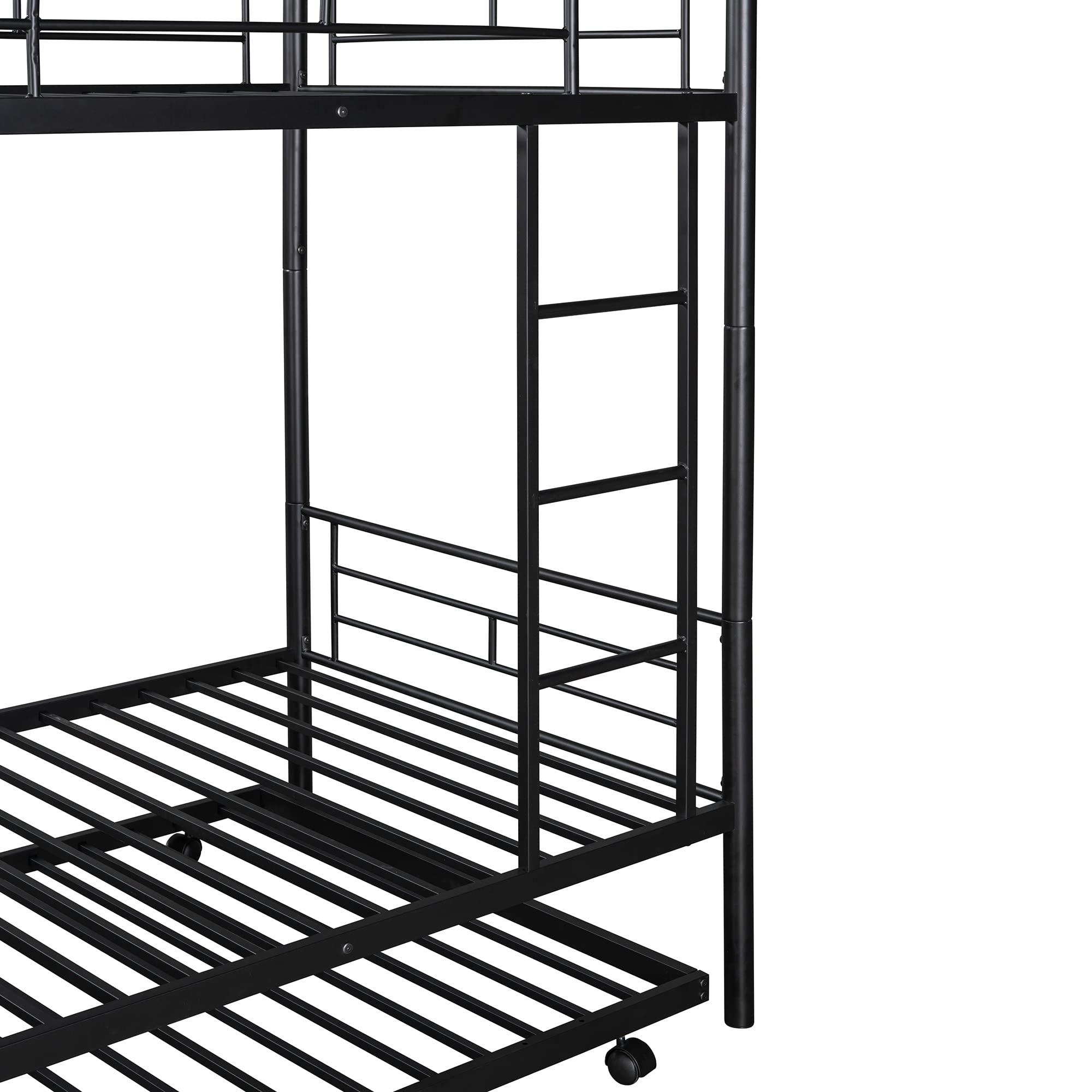 Merax Heavy Duty Twin Over Twin Metal Bunk Bed with Trundle & Removable Ladder - Converts to 2 Separate Beds, No Box Spring Required (Black) - Perfect for Kids' Rooms, Guest Rooms & Space-Saving Solutions