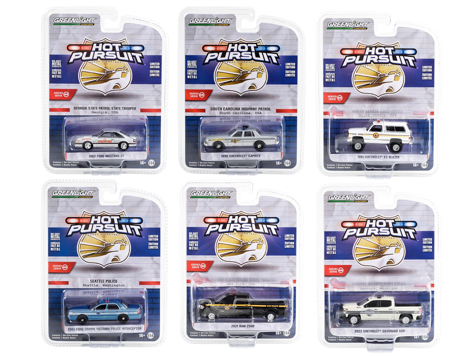 Greenlight 1/64 Scale Diecast Police Car Set - Hot Pursuit Series 44 (6-Piece Collectible Model Cars) - Perfect for Display, Toy Car Collections & Kids Play
