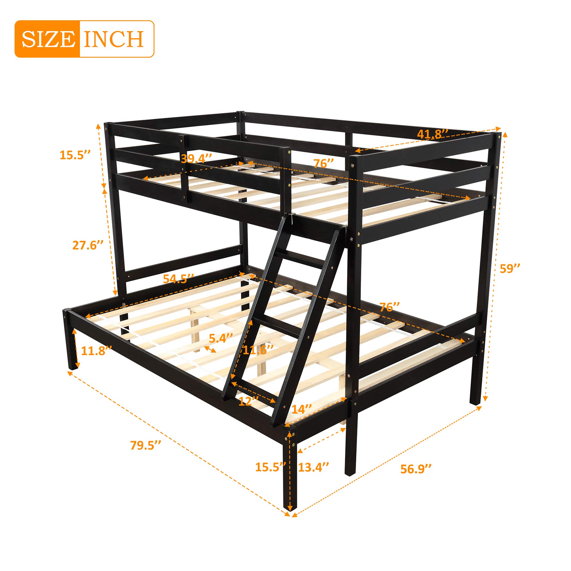 Twin Over Full Bunk Bed with Guardrail & Ladder - Solid Wood Convertible Bunk Bed for Kids & Teens | Separates into Twin Loft Bed & Full Size Bed | Wood Slat Support (No Box Spring Needed) | Espresso Finish | Perfect for Small Bedrooms, Guest Rooms & Vacation Homes
