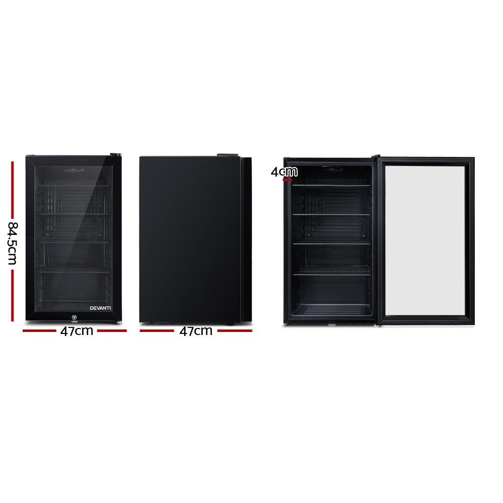 Devanti 98L Mini Bar Fridge with Glass Door & Interior Light - Black Compact Refrigerator for Home, Office, or Dorm Room - Perfect for Beverages, Snacks, and Small Food Storage