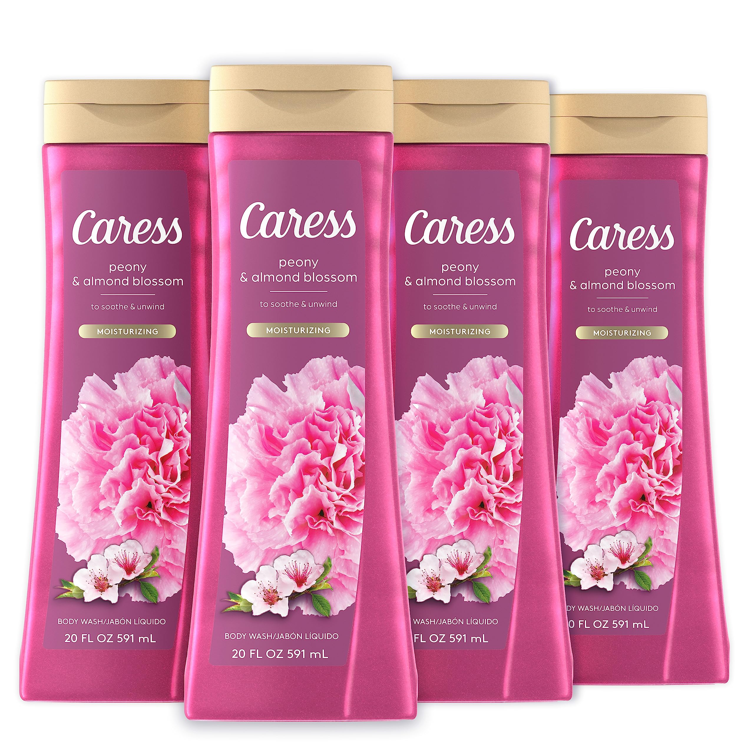 Caress Peony & Almond Blossom Moisturizing Body Wash for Women - 20 fl oz (Pack of 4) | Hydrating Shower Gel for Fresh, Smooth Skin | Perfect for Relaxing Baths & Daily Self-Care Routines