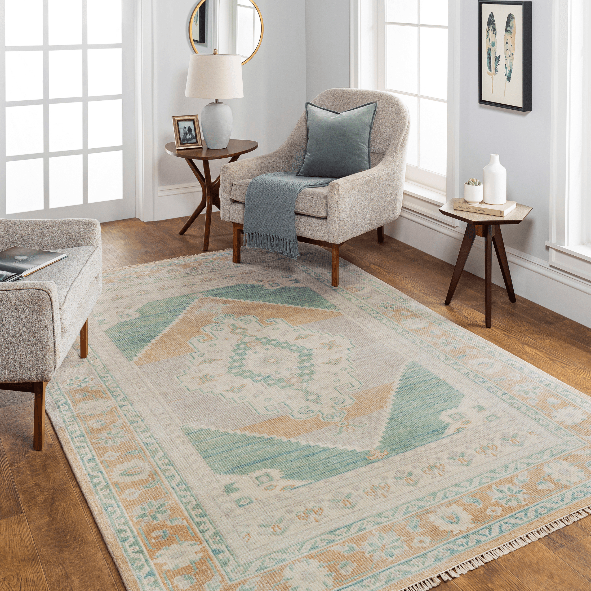 Anadolu Beige & Seafoam Wool Blend Area Rug - Soft & Durable Handmade Carpet in Multiple Sizes (5x7, 8x10) - Perfect for Living Room, Bedroom & Home Decor