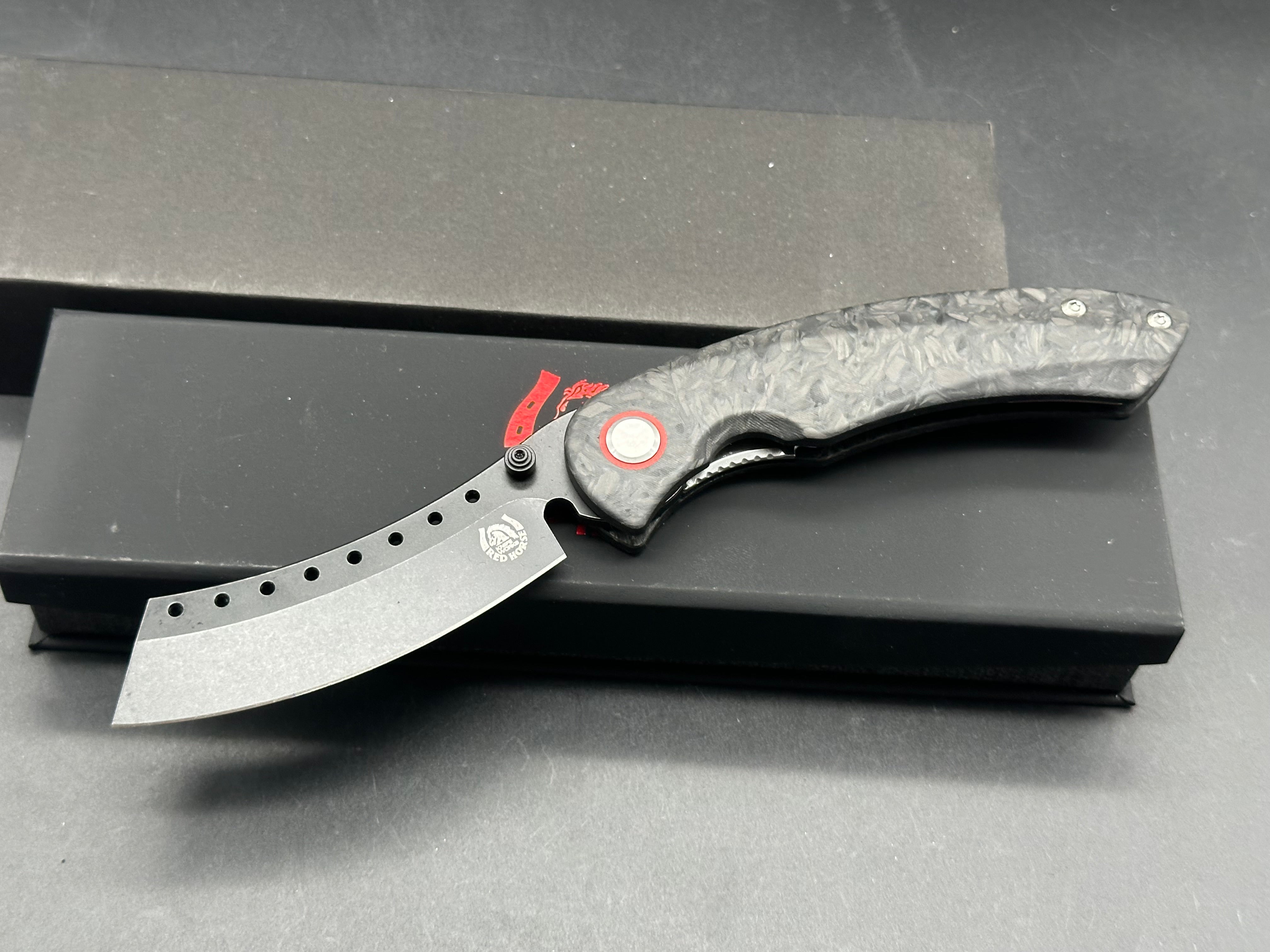 Premium Red Horse Hell Razor Pocket Knife - S35VN PVD Coated Blade with Marble Carbon Fiber Handle - EDC, Outdoor Survival, Camping & Tactical Gear