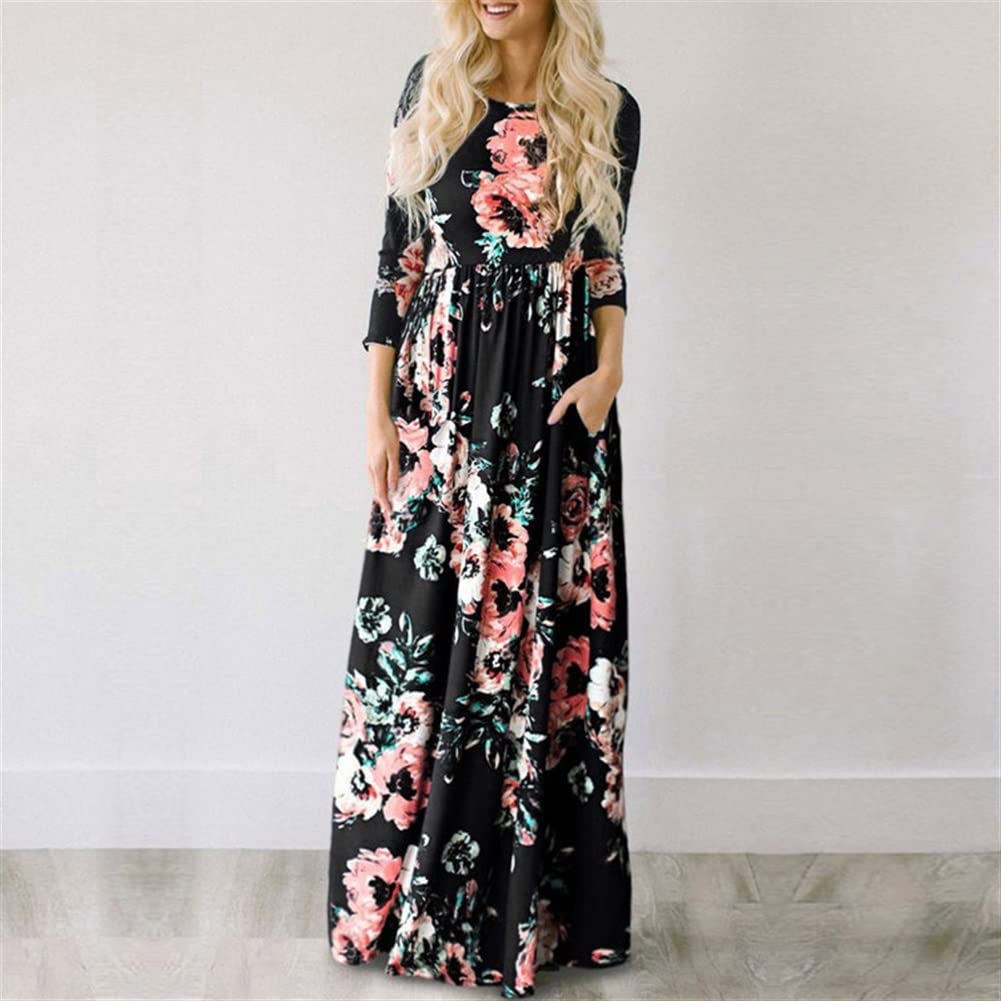 Boho Floral Print Maxi Dress for Women - Summer Beach Long Dress, Evening Party Gown, Plus Size (Black, Size S) | Perfect for Beach Vacations, Garden Parties & Casual Outings