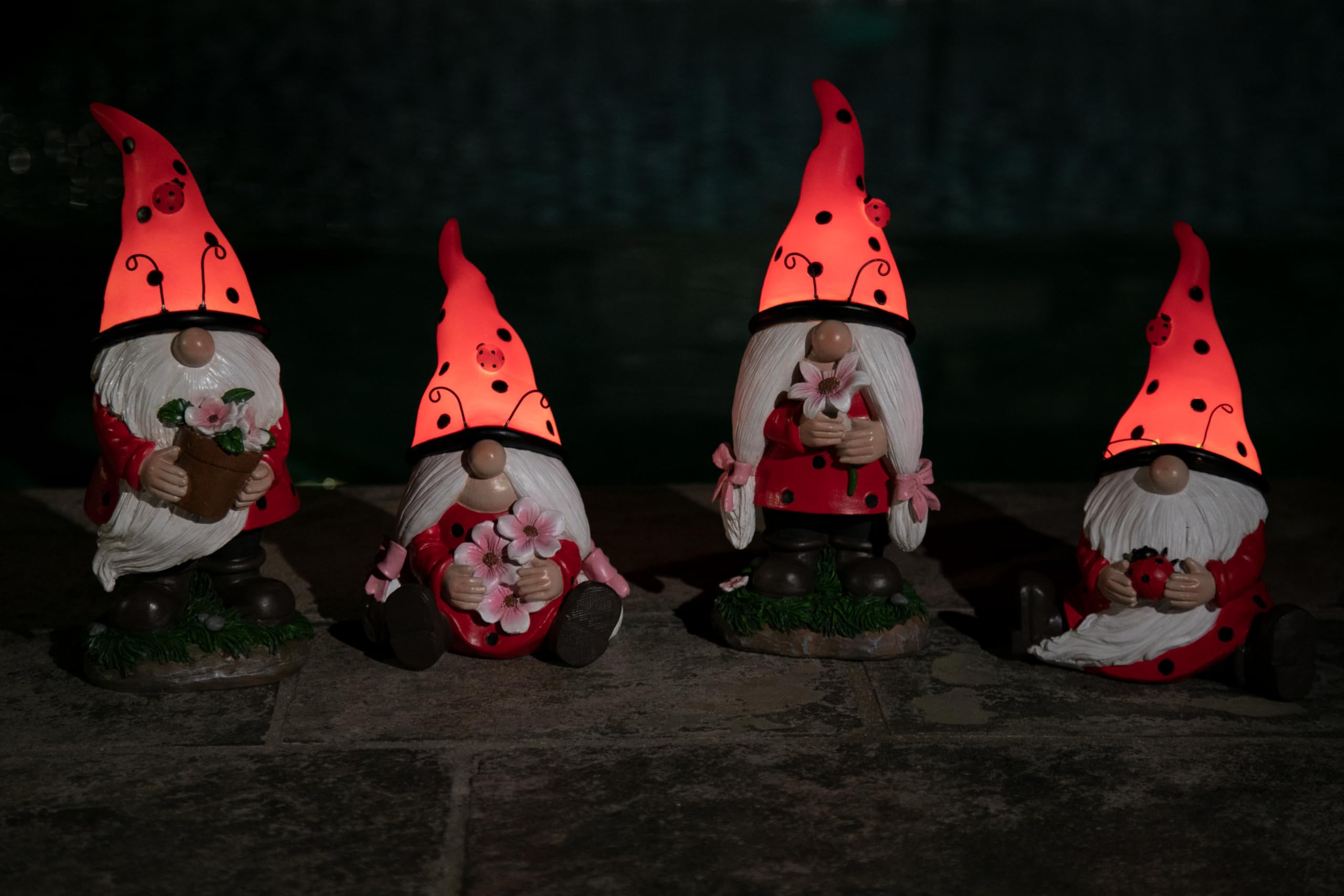 Exhart Solar-Powered Ladybug Gnome Statue with LED Lights & Pink Flower Pot – 5 x 5.5 x 12.5 Inch Outdoor Garden Decor for Lawn, Yard & Patio | Weather-Resistant LED Solar Garden Sculpture for Home, Pathway & Flower Bed Decoration