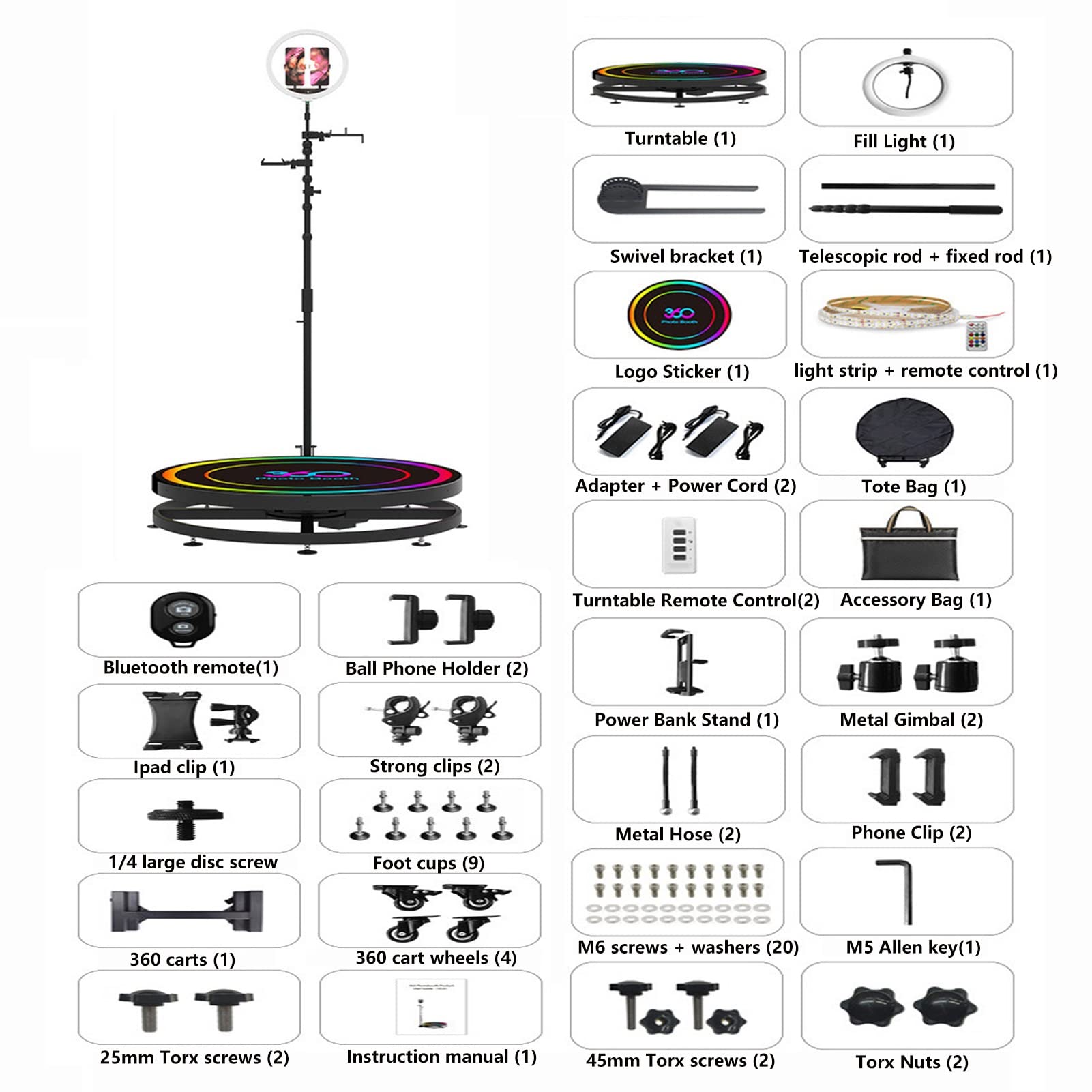 Professional 360 Photo Booth Machine with Ring Light & APP Remote Control - Automatic Rotating Selfie Camera with Flight Case (100cm/39.4in) - Perfect for Weddings, Parties, Events and Social Media Content Creation