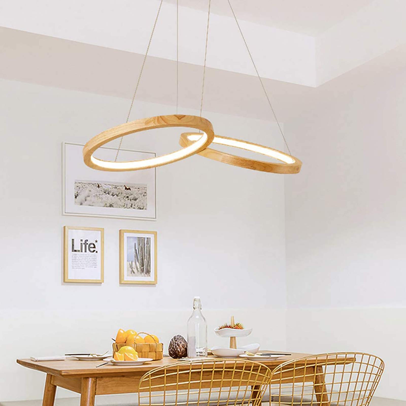 QTQHOME Modern LED Wood Ring Chandelier - 34x17 Inch Acrylic Pendant Light Fixture for Kitchen Island, Restaurant & Dining Room Decor | Nordic Style Hanging Lamp for Home, Cafe and Commercial Spaces