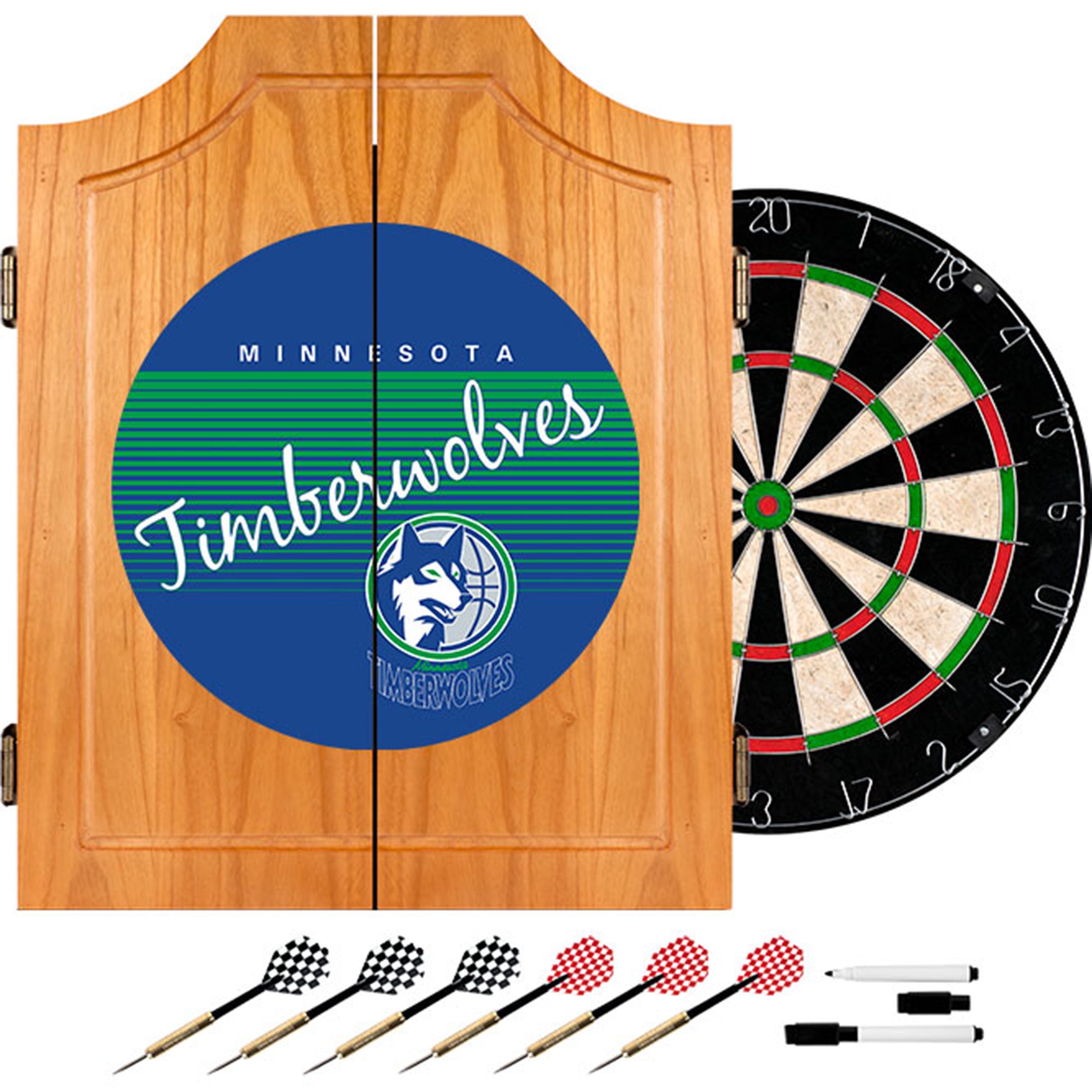 Minnesota Timberwolves NBA Wooden Dartboard Cabinet - Official Brown Basketball Dart Board for Game Room, Man Cave & Sports Bar Decor