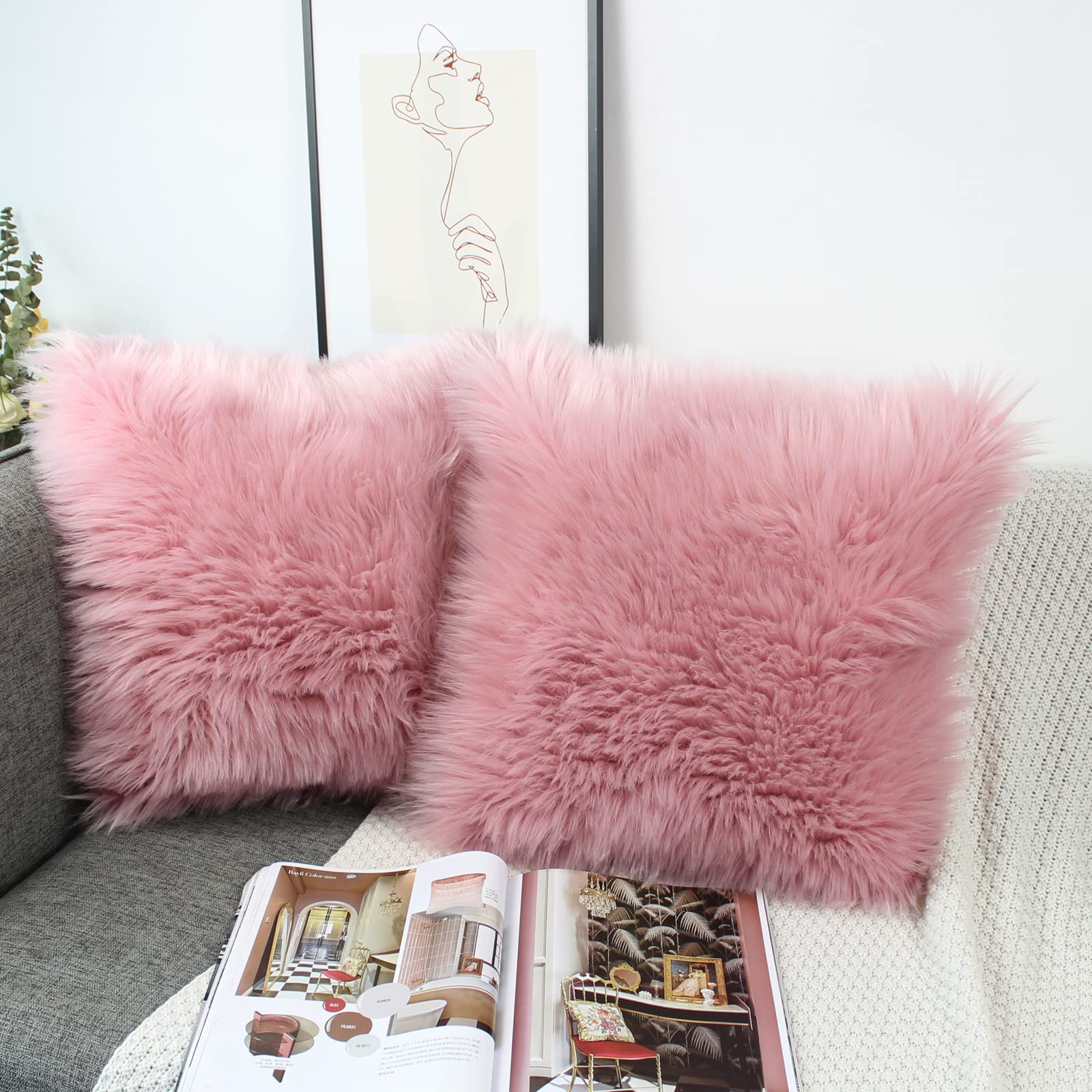 OYIMUA 20x20 Fluffy Faux Fur Decorative Throw Pillow Covers - Soft Plush Blush Pink Luxury Cushion Covers for Sofa, Couch, Living Room & Bedroom (Set of 2) | Farmhouse Style Home Decor & Cozy Accent Pillows