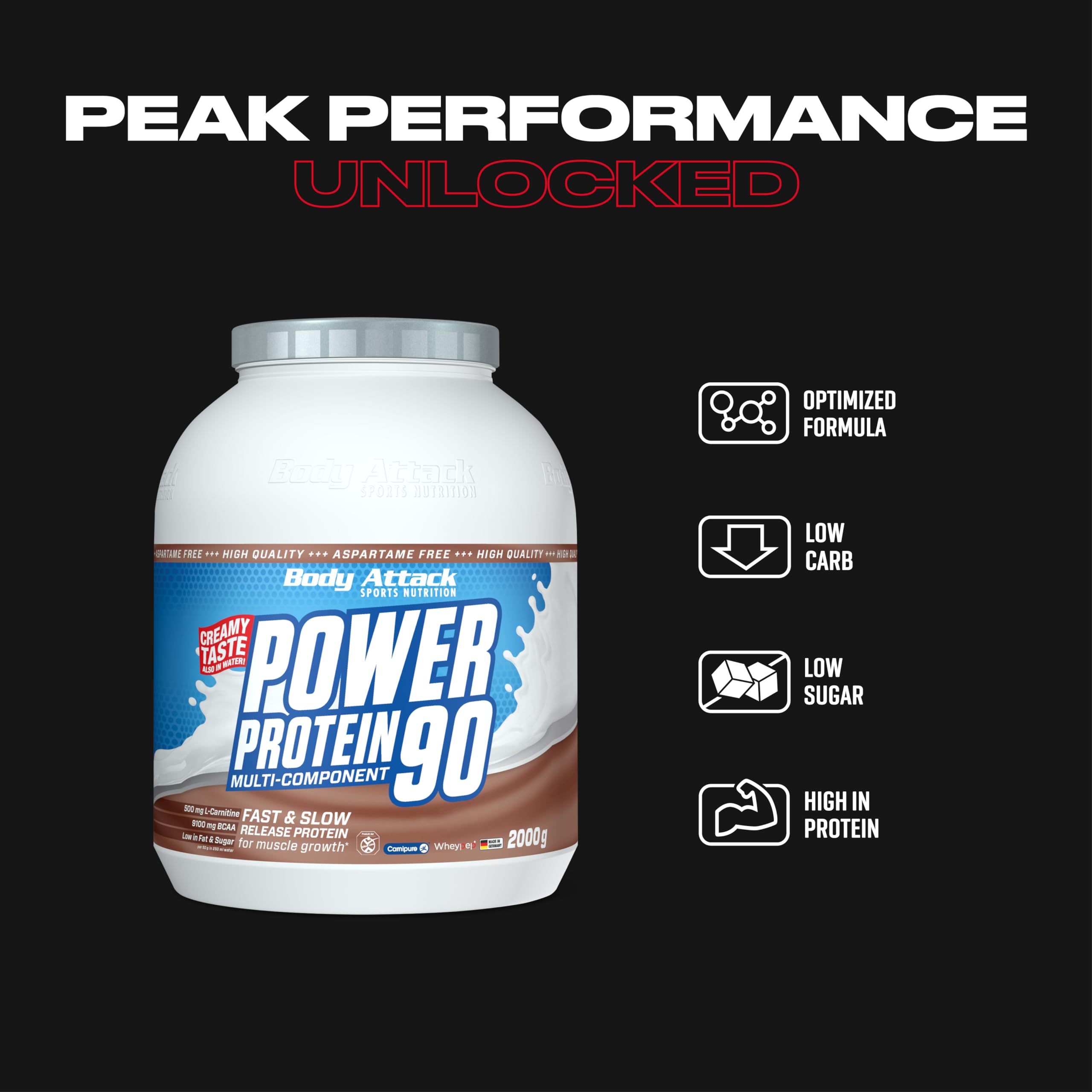 Body Attack POWER PROTEIN 90 - Cookies & Cream Flavor - 2kg Multi-Component Protein Powder with BCAA, Vitamins & L-Carnitine - Made in Germany - Creamy Protein Shake for Muscle Recovery & Post-Workout Nutrition