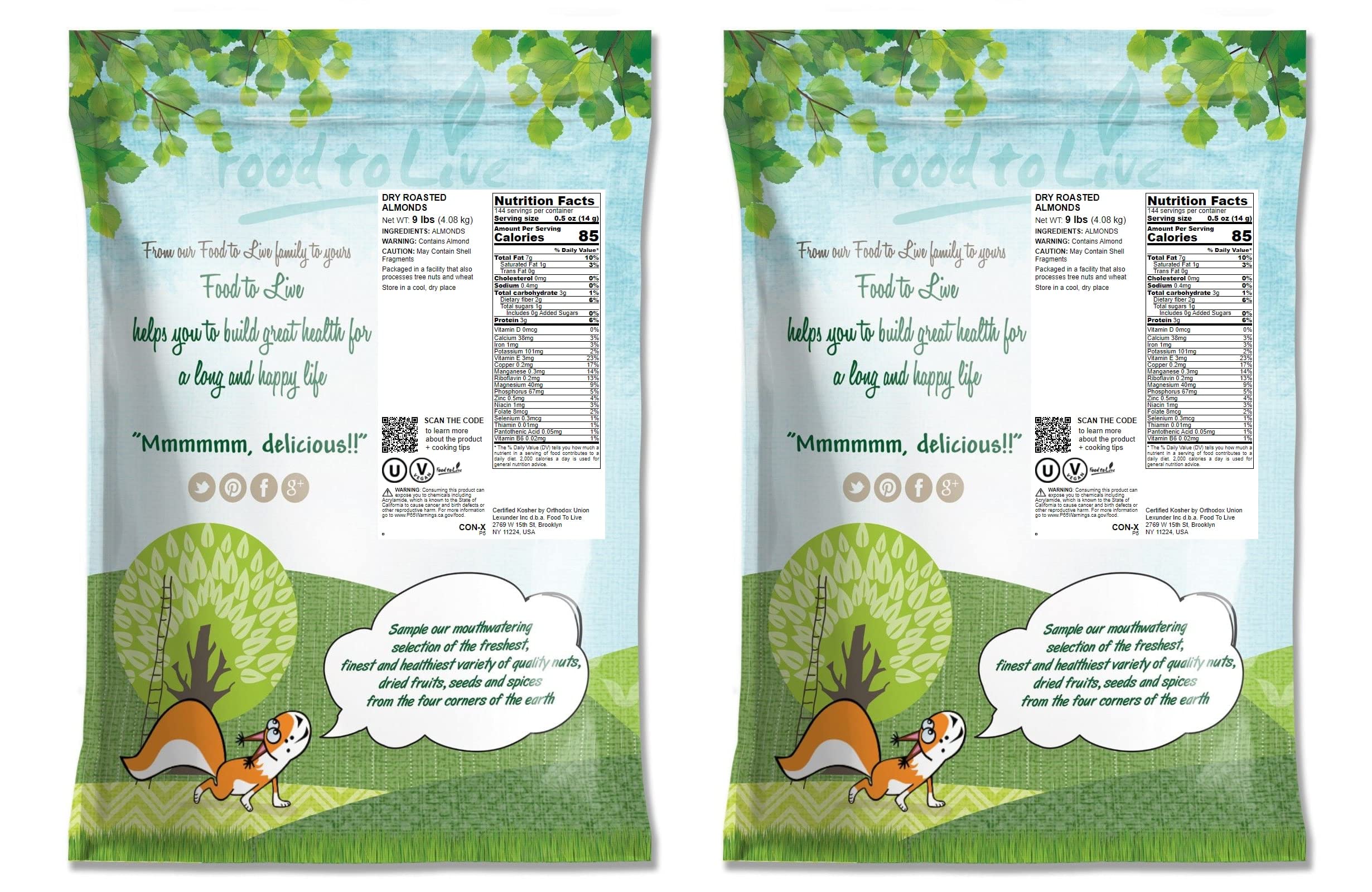 Food to Live Dry Roasted California Almonds - 9 lbs Bulk, Unsalted, No Oil Added, Vegan & Kosher | High in Protein & Vitamin E | Keto, Paleo & Healthy Snack for Weight Loss, Office, Travel & On-the-Go