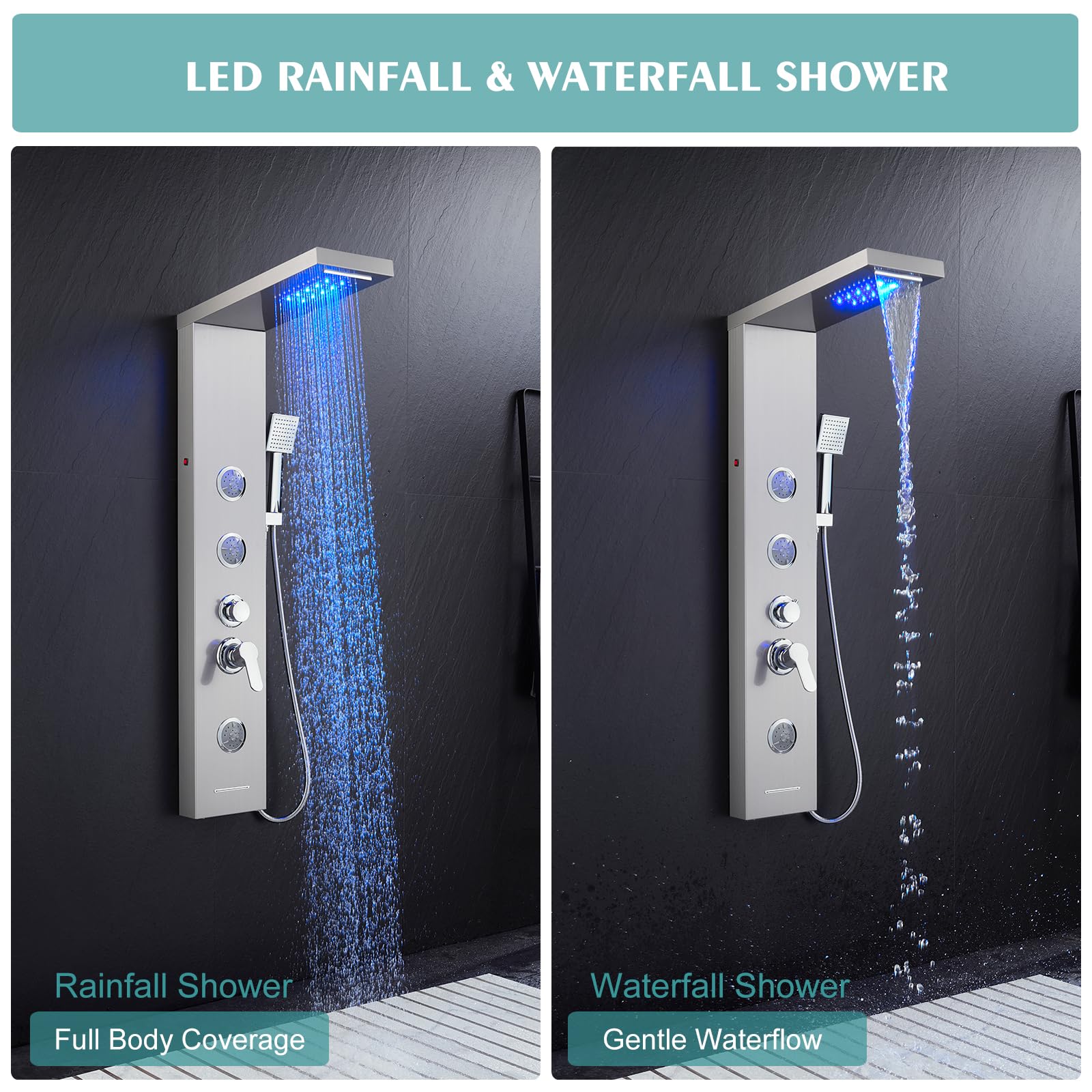 6 in 1 LED Rainfall Shower Panel Tower System with Waterfall Shower Head, 2 Mode Body Jets, Handheld Shower & Tub Spout - Stainless Steel Shower Column with Brushed Finish for Luxurious Bathroom Upgrade & Spa Experience at Home