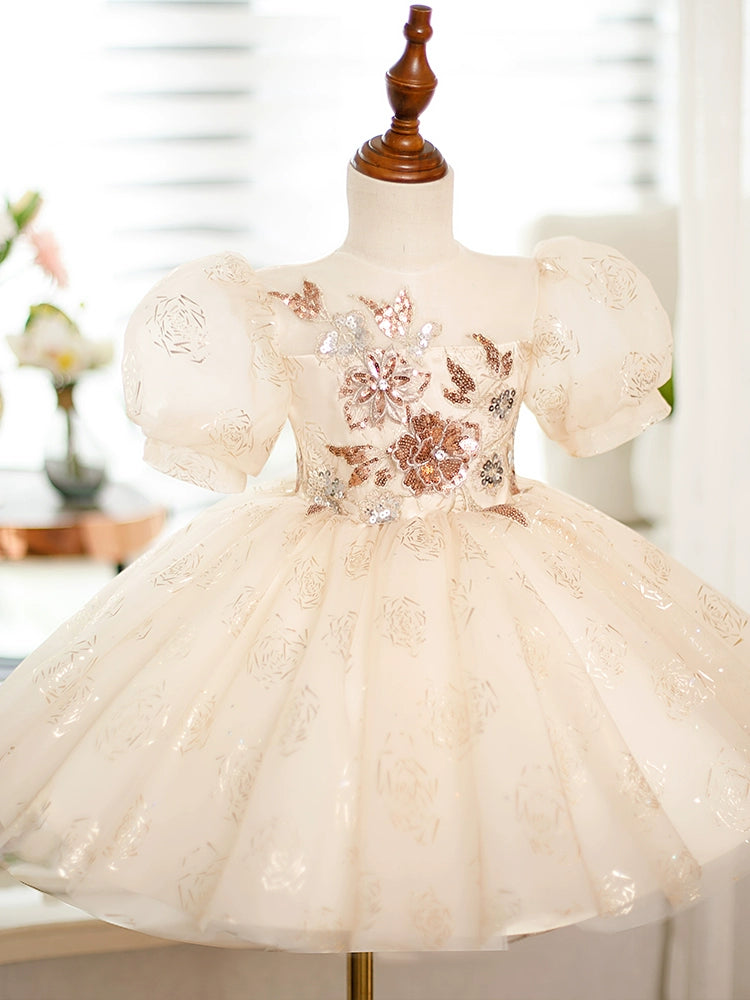 Champagne Princess Round Tea Length Organza Flower Girl Dress for Weddings & Special Occasions