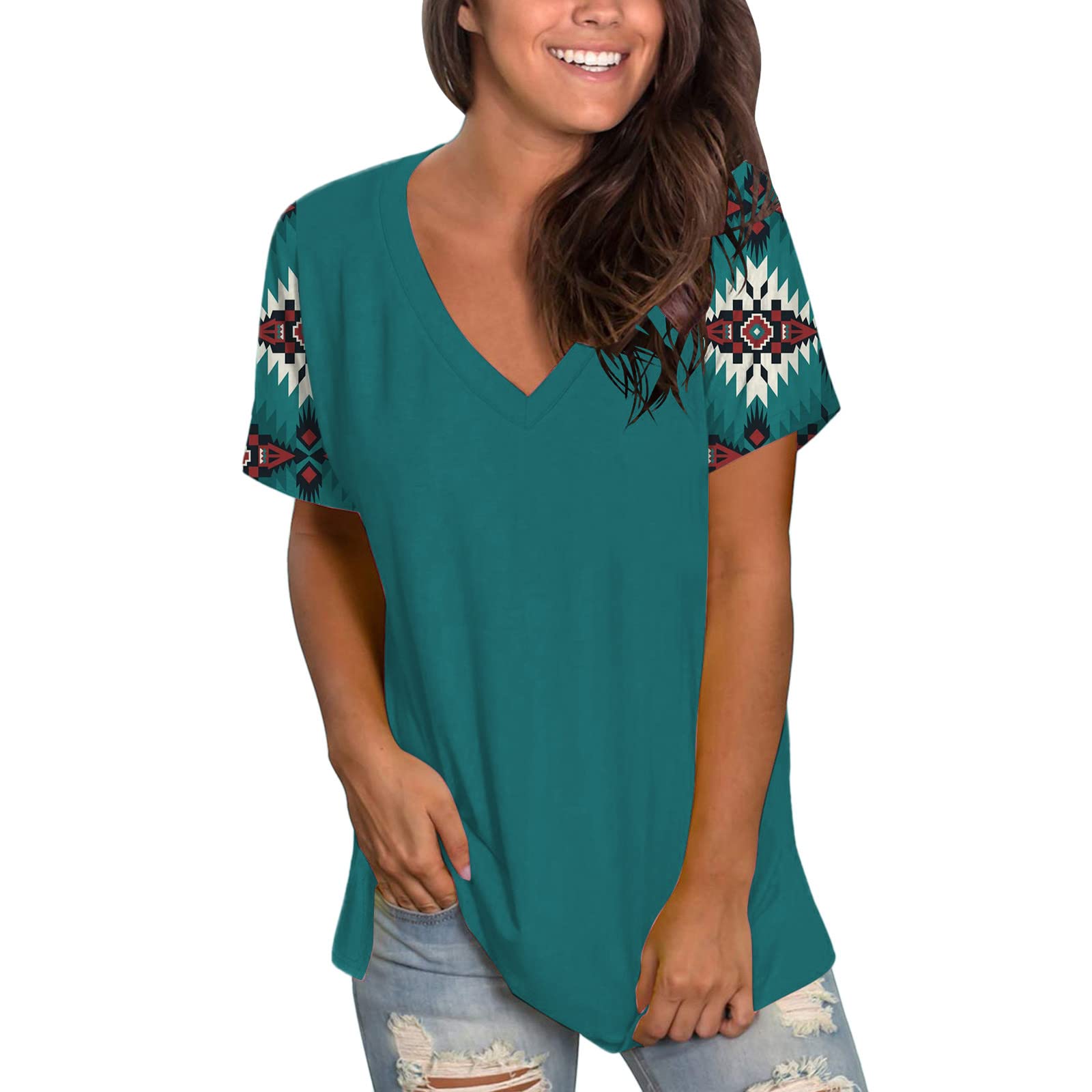 Floral V Neck Short Sleeve T-Shirt for Women - Summer Casual Loose Fit Top for Outings