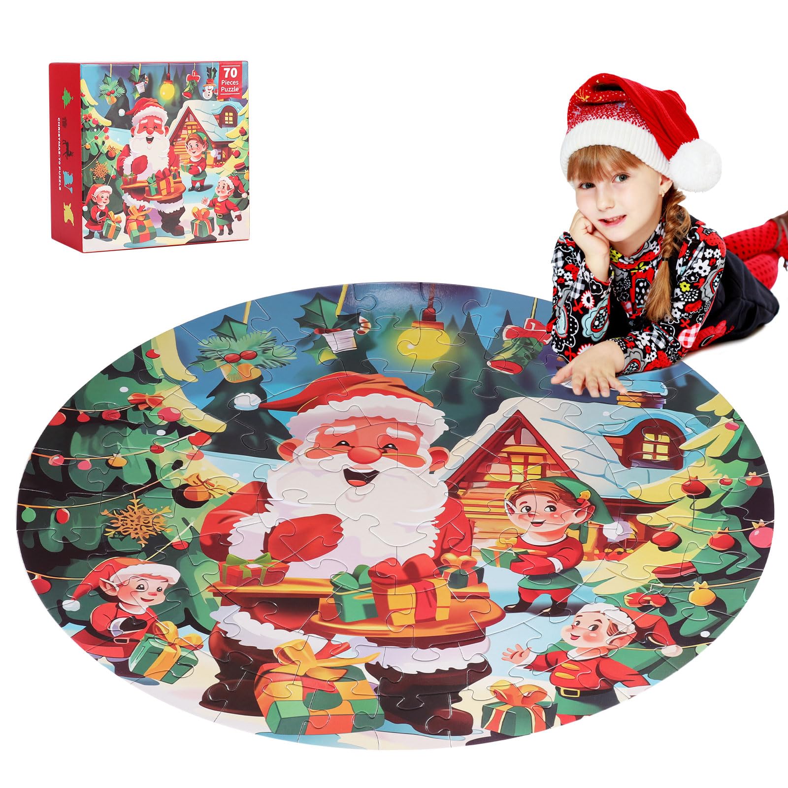 ELEOPTION 70-Piece Christmas Floor Puzzle for Kids Ages 3-8 - Santa Claus & Snowman Round Jigsaw Puzzle, Preschool Learning Educational Toys Gift for Boys & Girls - Perfect for Holiday Family Activities & Classroom Learning Games
