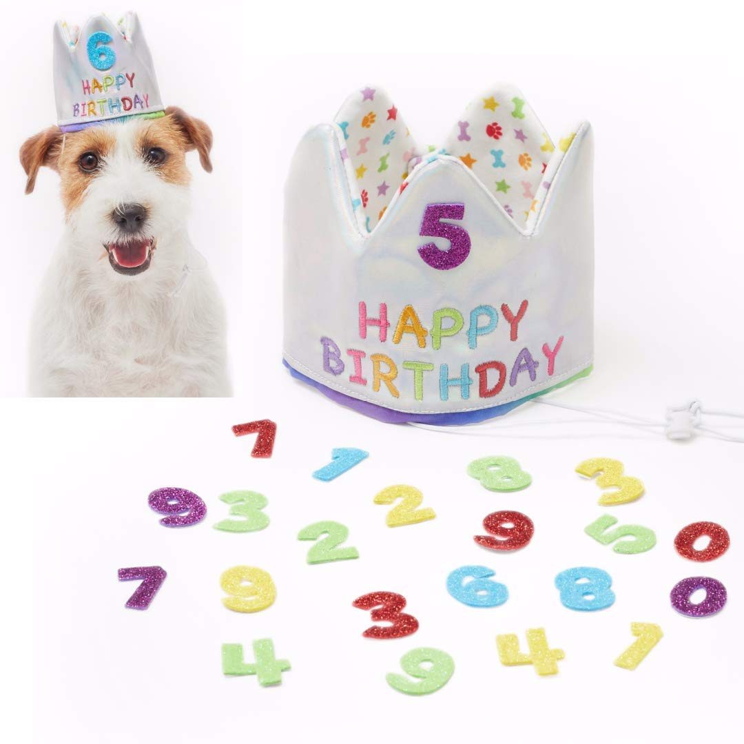 Happy Birthday Crown Hat for Dogs & Cats - Glitter Age Numbers Included (20pcs) - Reversible & Reusable Pet Party Hat - Embroidered 