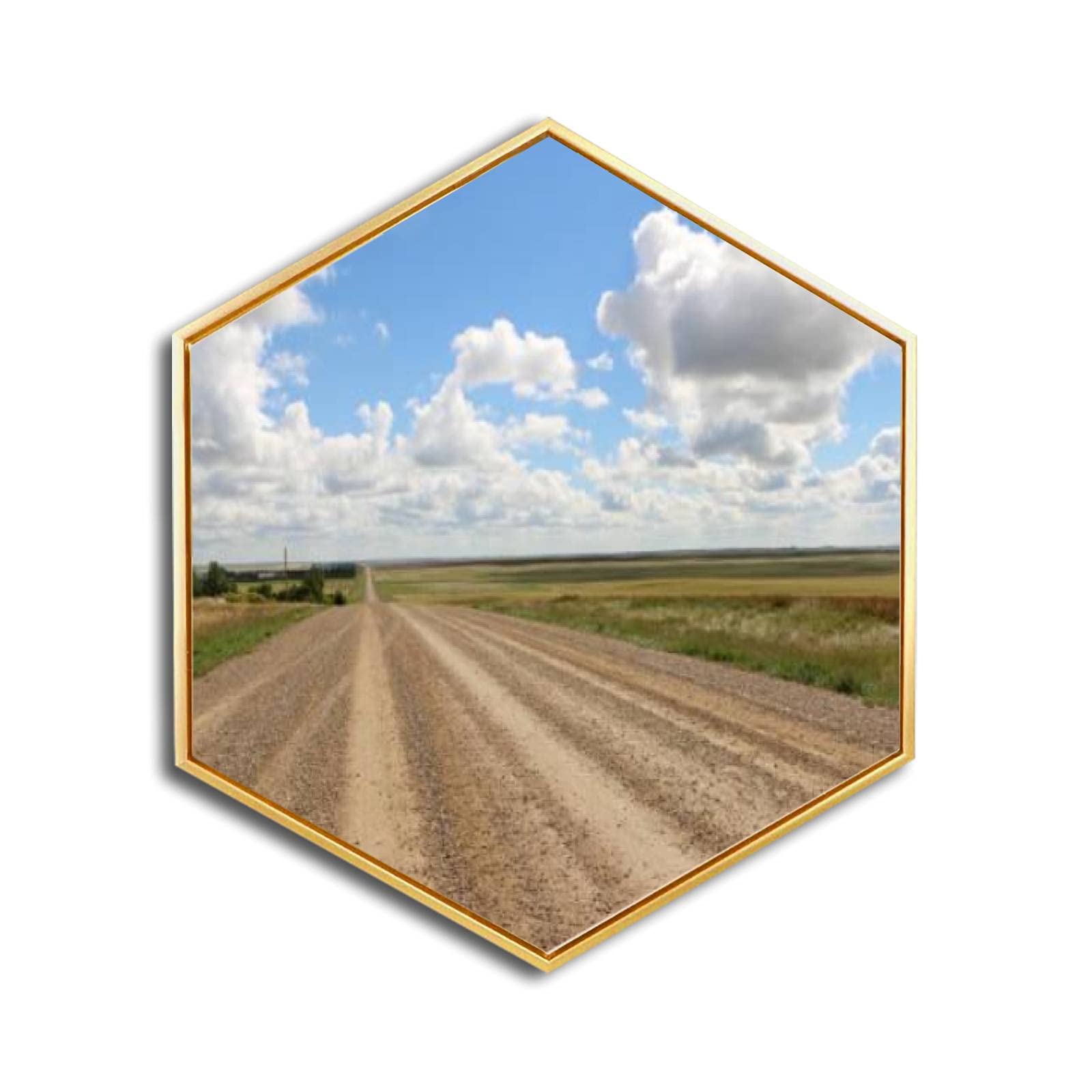 Golden Framed Saskatchewan Road Canvas Wall Art - Modern Minimalist Giclee Print Hexagon Wall Decor for Home & Office - Ready to Hang - Perfect for Living Room, Bedroom or Workspace