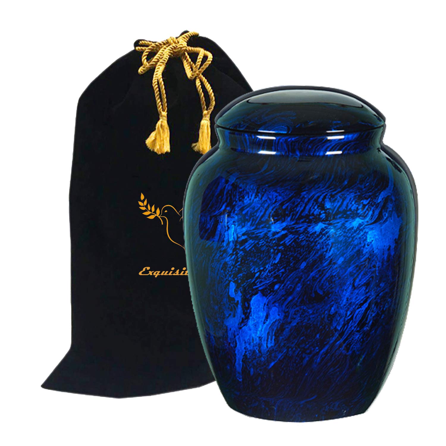 Premium Handcrafted Marble Fiber Glass Cremation Urn - Lightweight Adult Funeral Urn for Ashes - Includes Free Velvet Bag & Ash Bag (Blue) | Perfect for Memorial Services, Home Display & Scattering Ceremonies