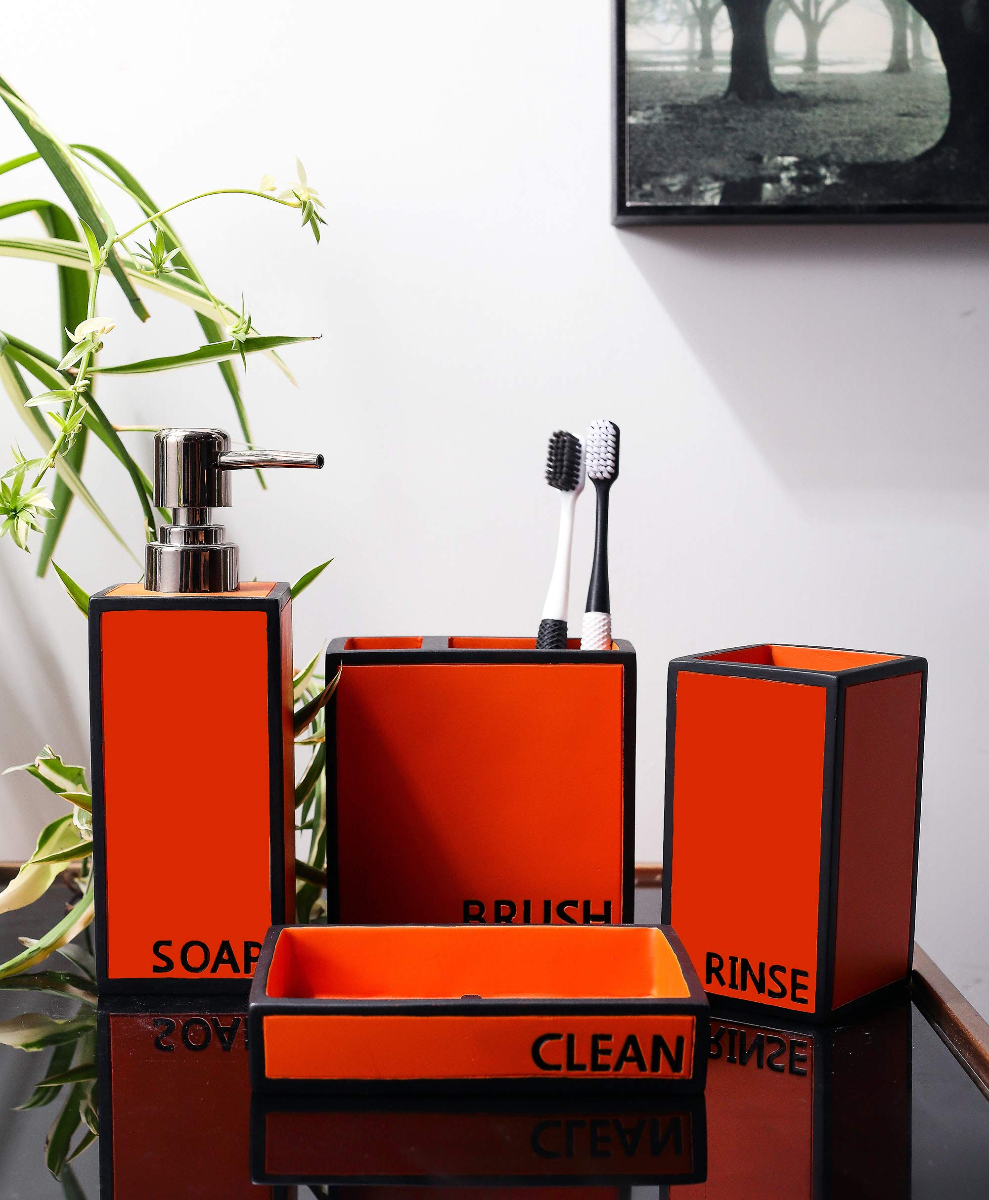 Hymmah 4-Piece Farmhouse Bathroom Accessories Set - Toothbrush Holder, Soap Dispenser, Soap Dish & Tumbler - Rustic Orange Resin Bath Decor for Apartment, Housewarming Gift - Perfect for Bathroom Organization and Farmhouse Style Decor