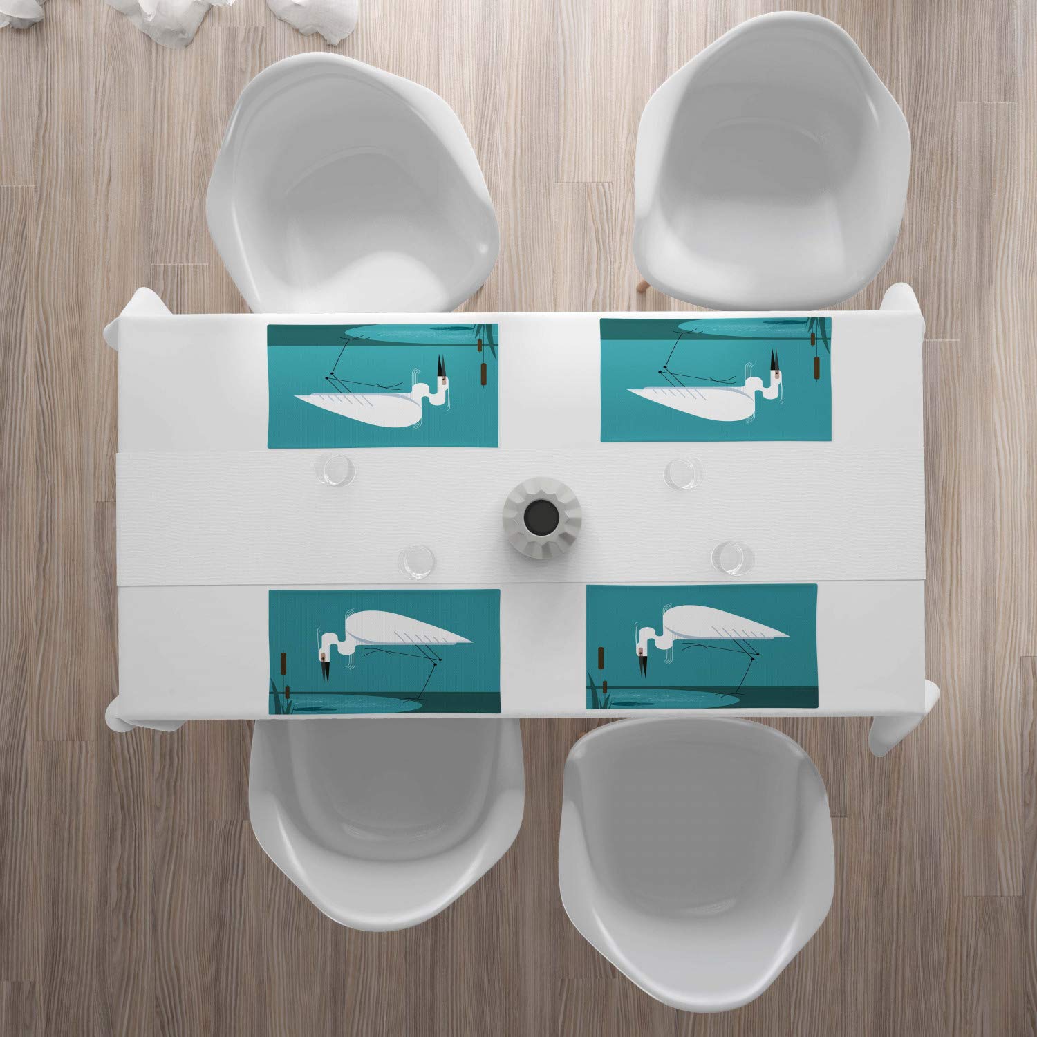 Ambesonne 4-Piece Egret Place Mats Set - Modern Nature Illustration with Birds on Lake Shore, Washable Fabric Dining Table Mats for Kitchen & Home Decor in White, Dark Seafoam, Teal & Charcoal Grey - Perfect for Dinner Parties, Holiday Gatherings & Everyday Meals
