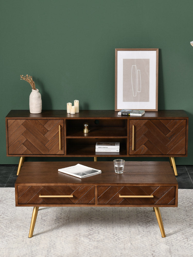 LILAH Herringbone TV Stand - Solid Wood American Ash Media Console with Storage - Perfect for Living Room, Bedroom & Home Theater Setup