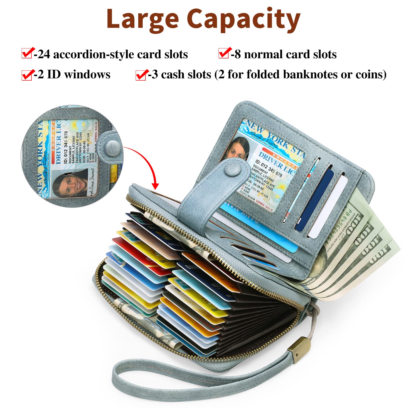 Leather RFID Blocking Wallet for Women - 32 Slots Card Holder with Wristlet for Daily Use